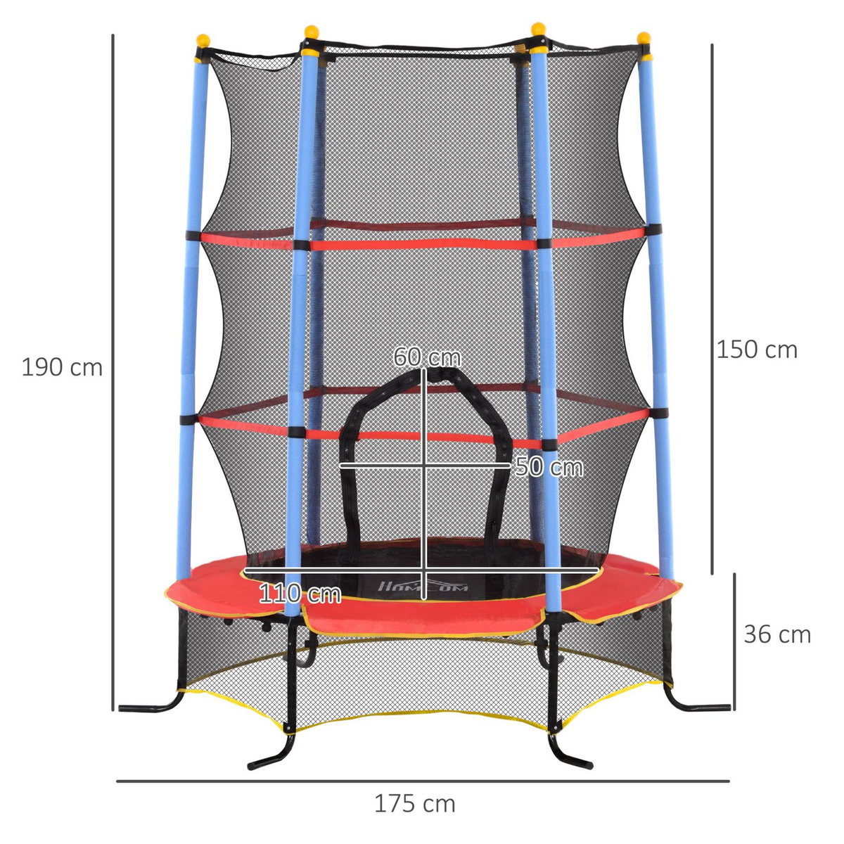 HOMCOM Trampoline de jardin enfant Ø 1,75 x 1,90H m filet de sécurité porte zipée couvre-ressorts + 6 poteaux rembourrés inclus rouge bleu noir