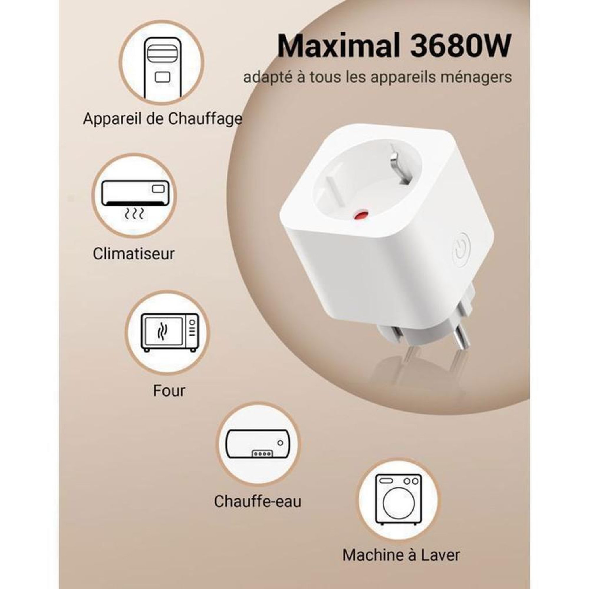 Voir la diapositive 2 : Pack prises connectées avec télécommande, 2 sorties + interrupteur mural amovible, 16 A 3680 W, blanc, fréquence 433,92 MHz, portée jusqu'à 30 m