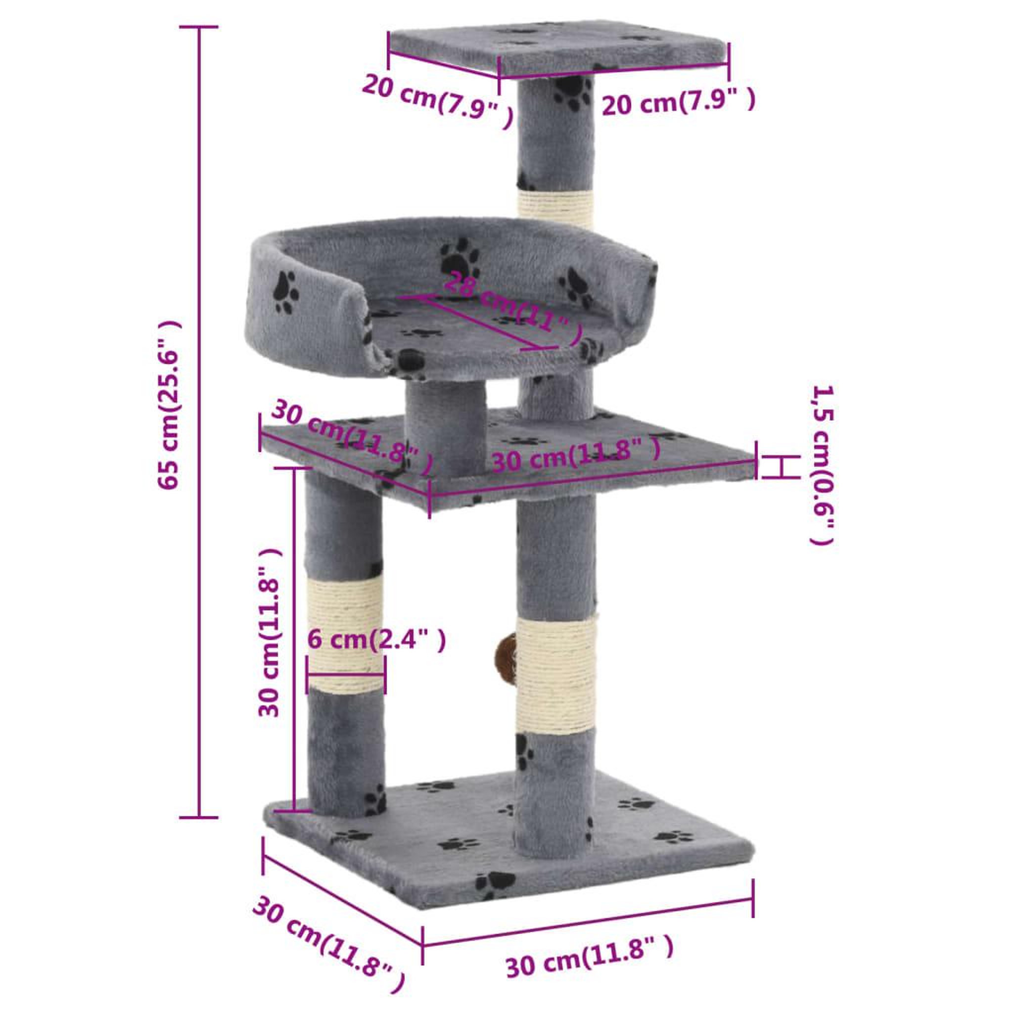 Voir la diapositive 6 : VIDAXL Arbre a chat et griffoir Sisal 65 cm Empreintes de pattes Gris