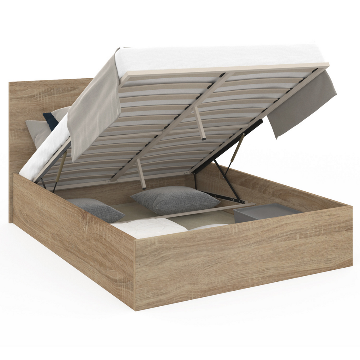 ID MARKET Lit coffre double SEASIDE avec tête de lit et sommier 140x190 cm façon hêtre