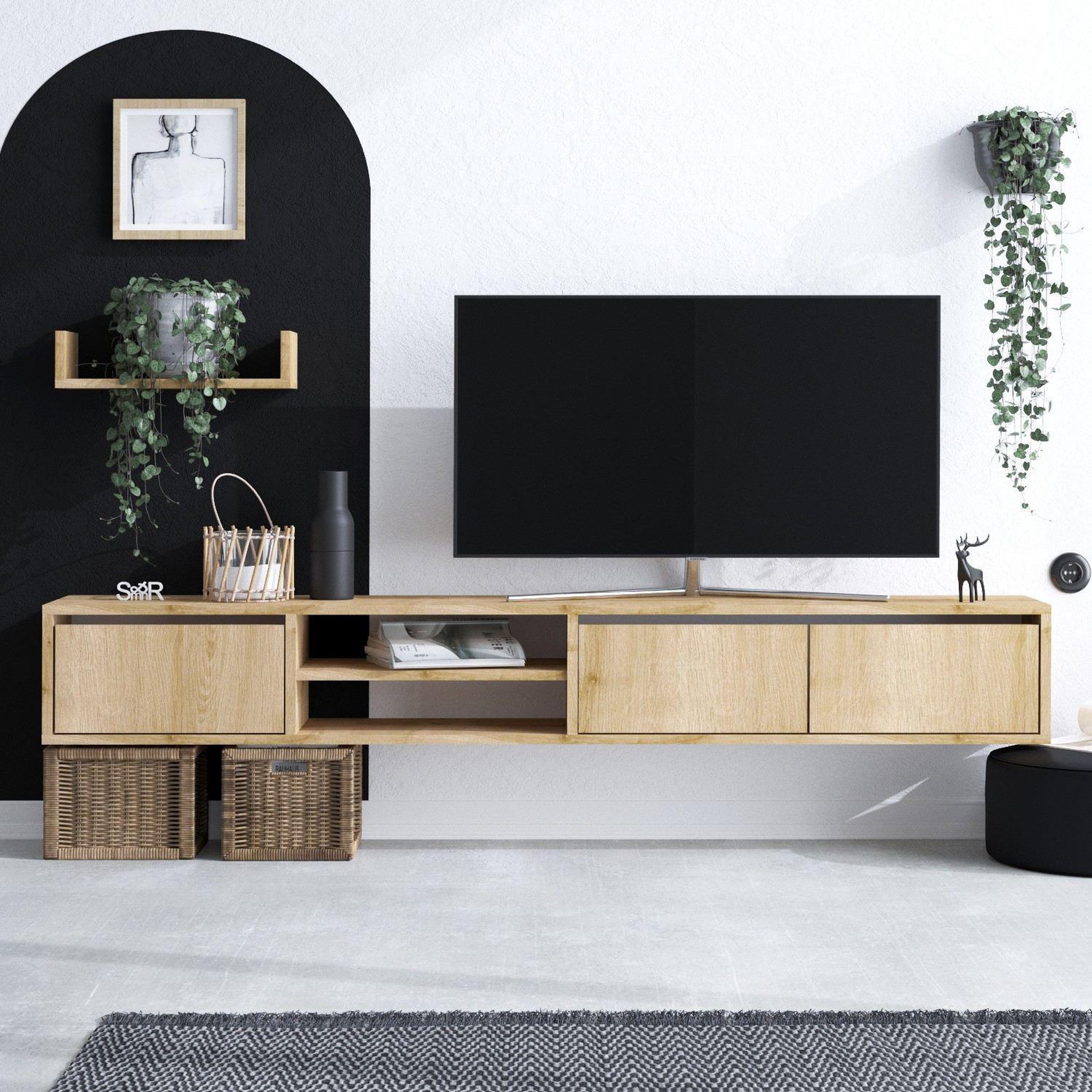 Voir la diapositive 4 : Habitat et Jardin Meuble tv suspendu avec étagère murale en bois  heka  - 180 x 30 x 25 cm - beige