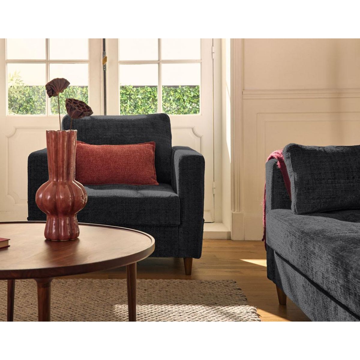 LISA DESIGN Anna - fauteuil avec poche en velours texturé - pieds en bois