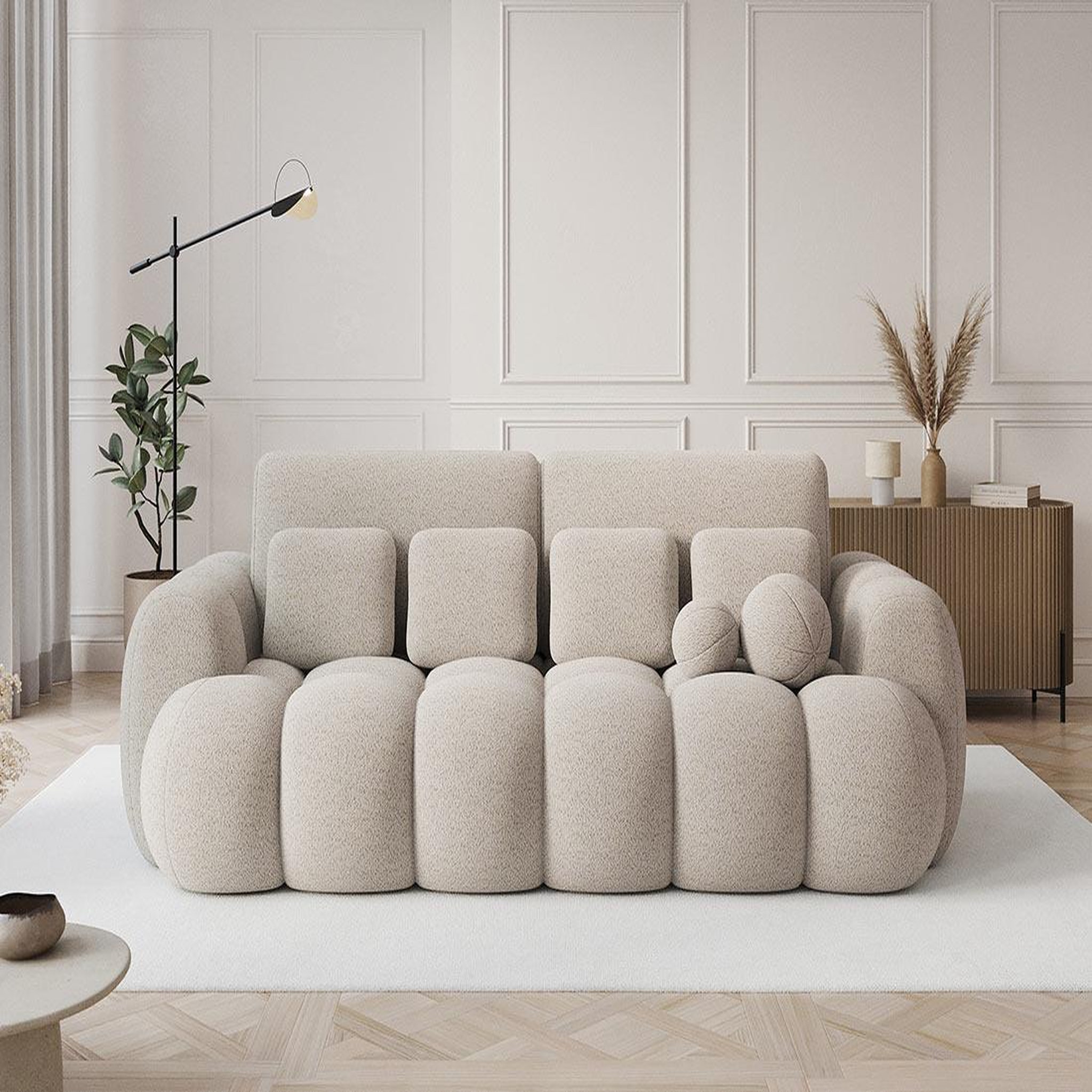 BEST MOBILIER Dorian - canapé droit 3 places convertible avec coffre en tissu bouclette. Coloris disponibles : Gris, Beige