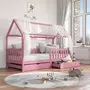 IDIMEX Lit cabane NUNA lit enfant simple montessori en bois 90 x 200 cm, avec rangement 2 tiroirs, en pin massif lasuré rose