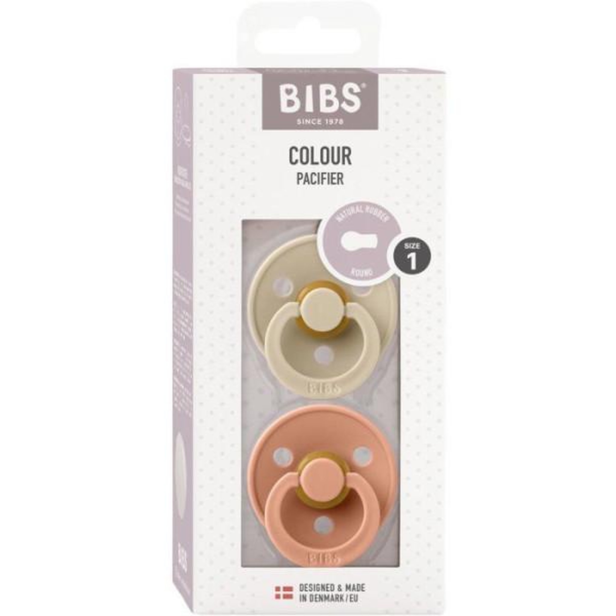 BIBS Sucette bébé - BIBS - Colour - Embout rond - Pack de 2 - Caoutchouc naturel - Taille 1 Vanilla Peach