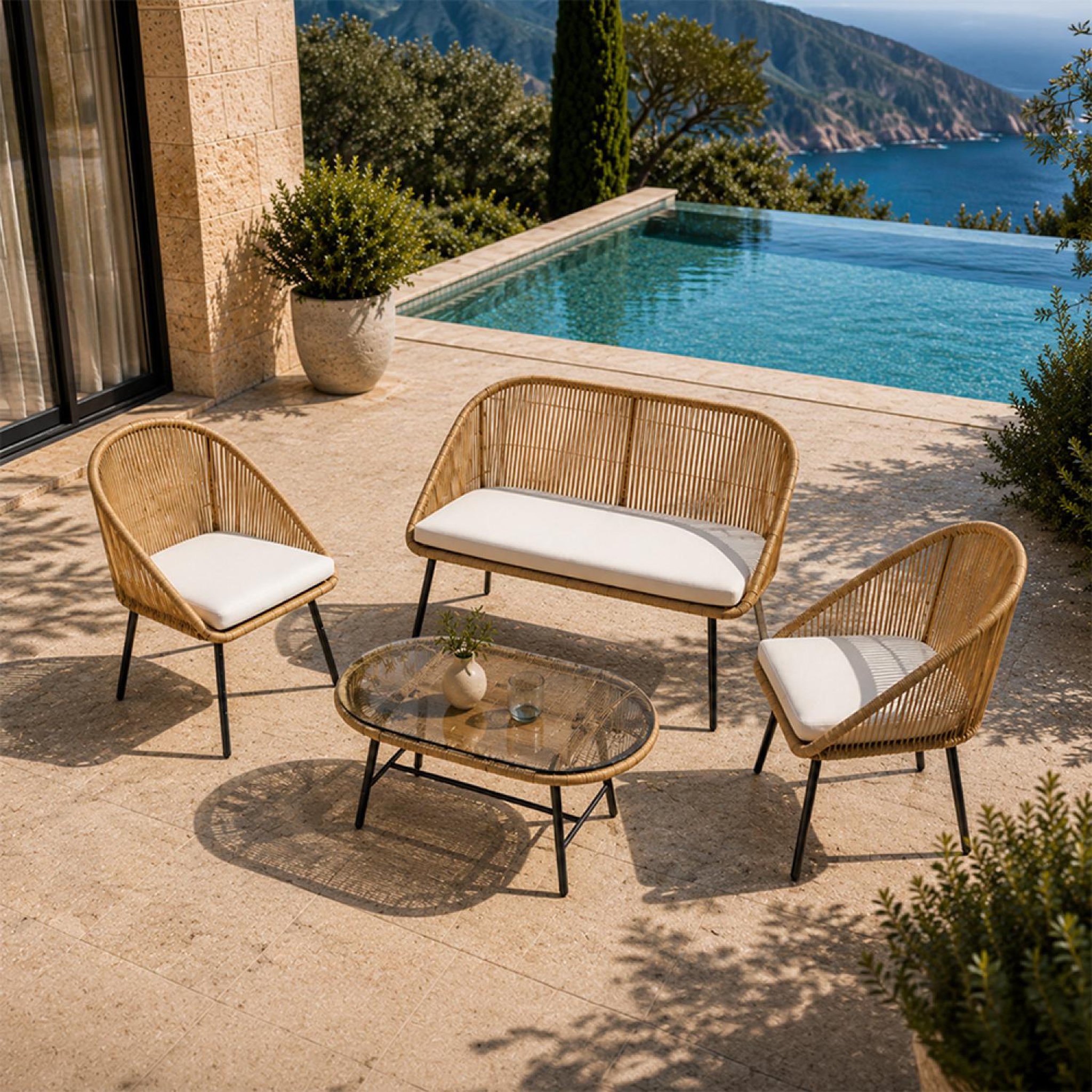 Voir la diapositive 4 : CONCEPT USINE Salon de jardin 4 places avec table basse effet rotin naturel ravello