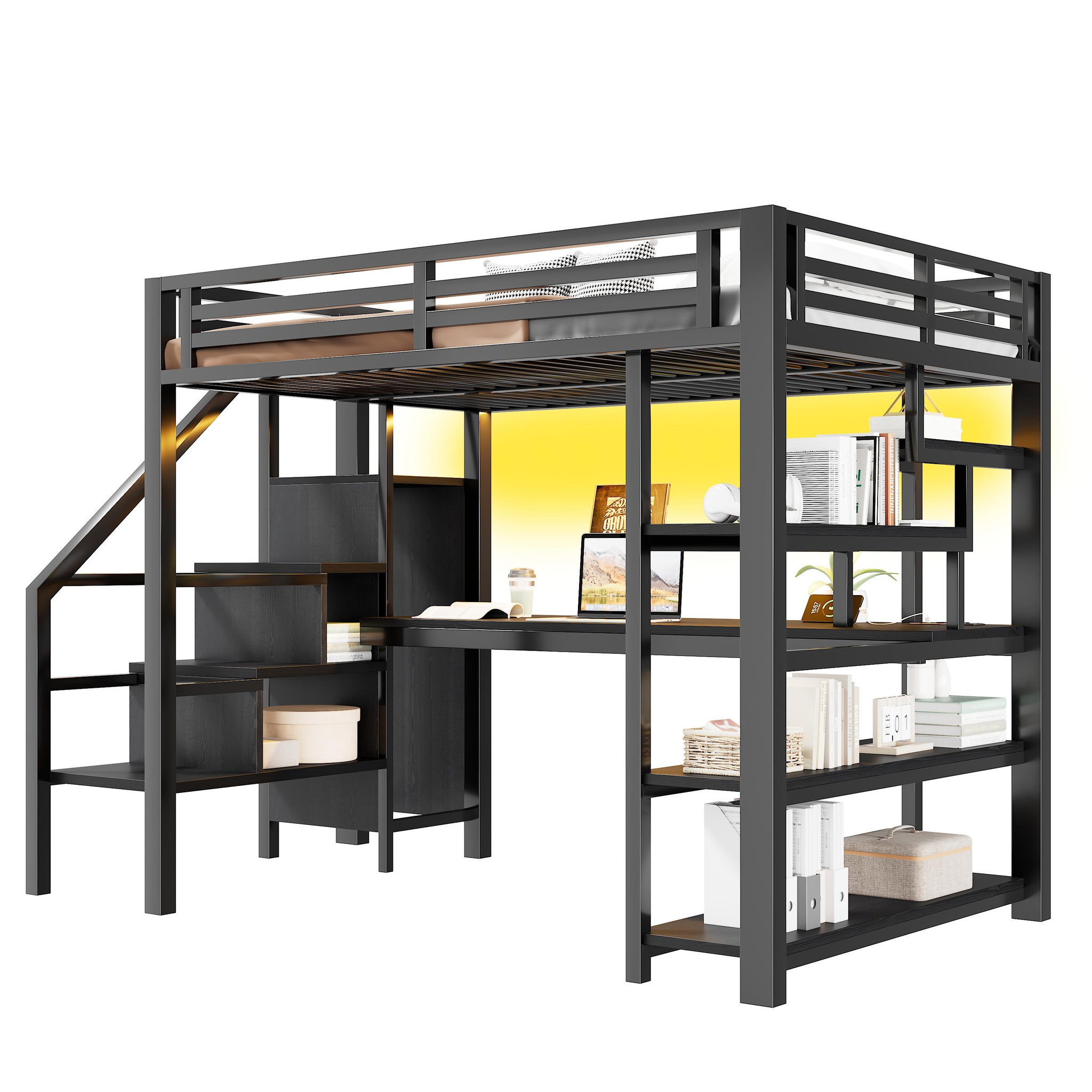 MERAX Lit mezzanine 140x200 cm coloris noir led métal