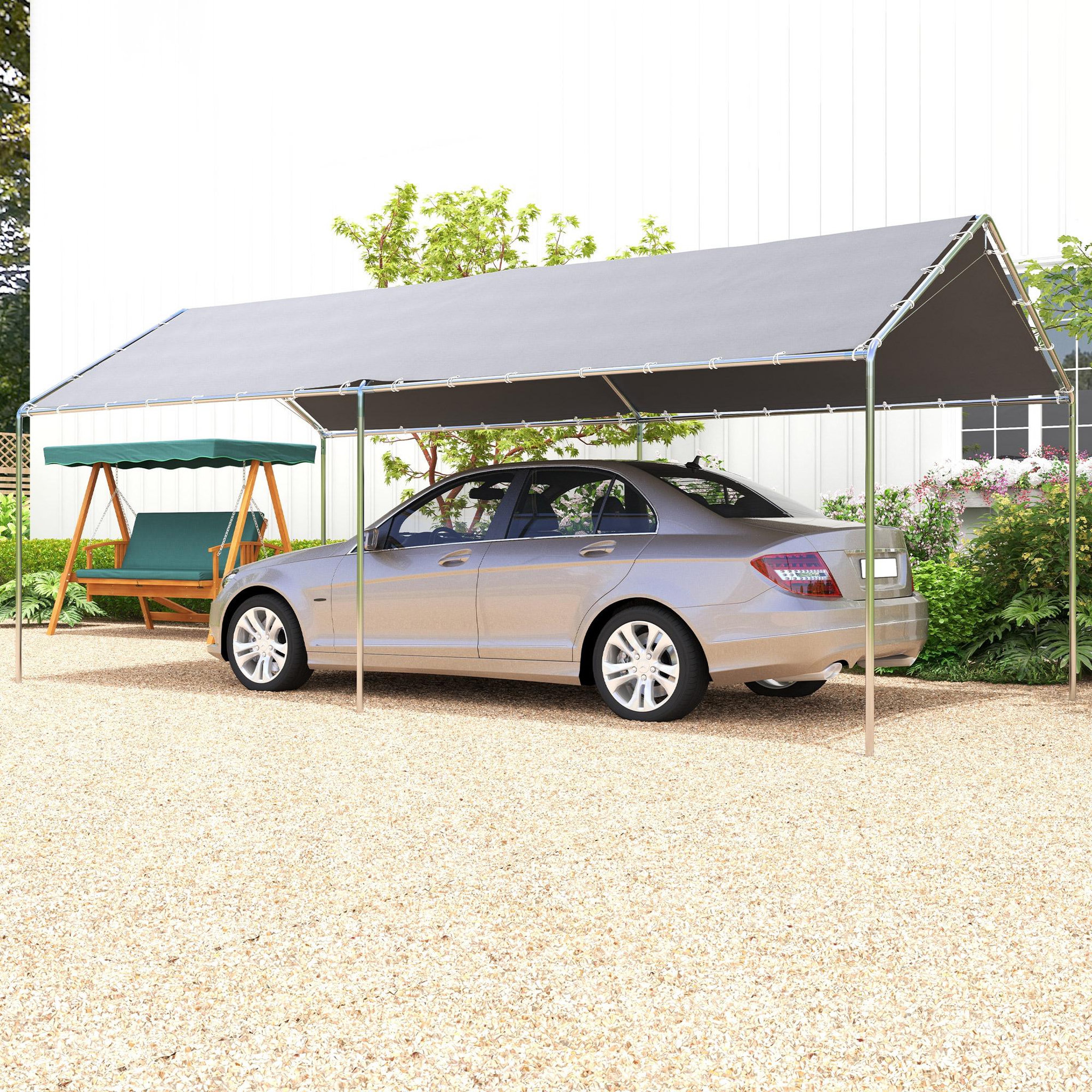 Voir la diapositive 2 : OUTSUNNY Carport auvent pour voiture 5,95L x 2,90l x 2,60H m acier galvanisé robuste PE haute densité