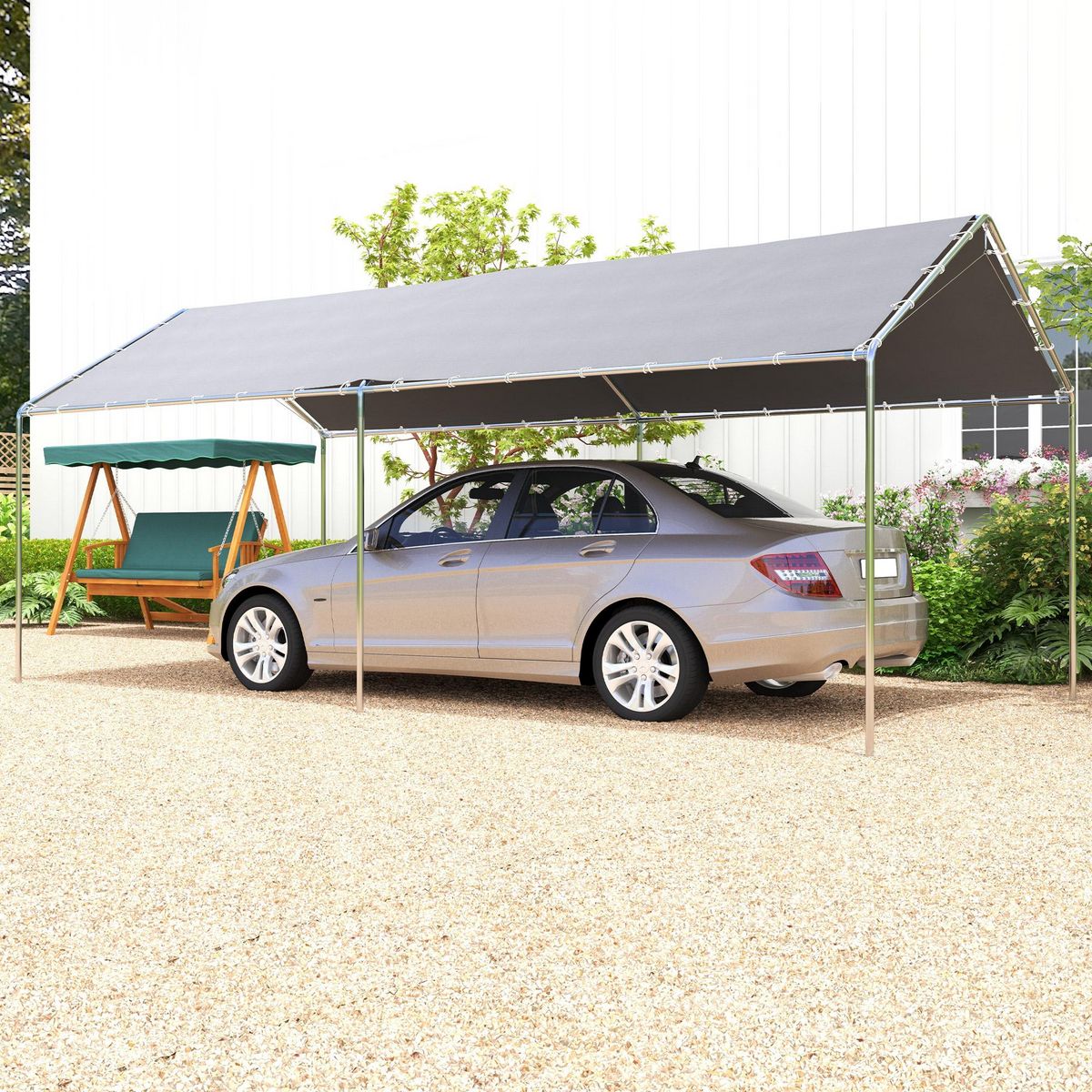 OUTSUNNY Carport auvent pour voiture 5,95L x 2,90l x 2,60H m acier galvanisé robuste PE haute densité