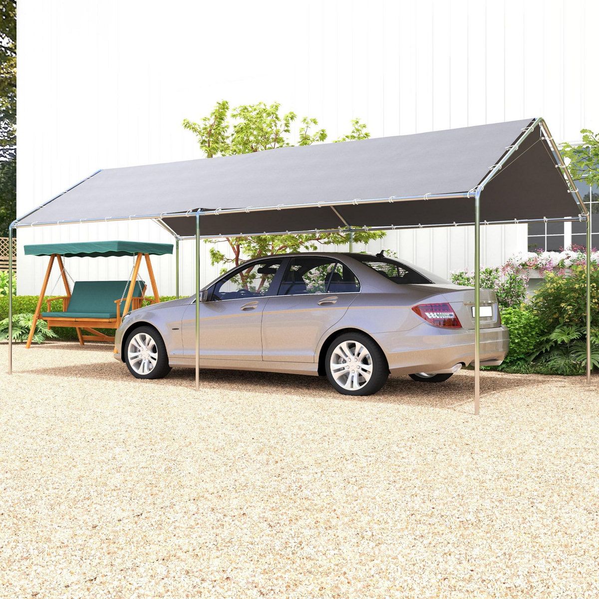 OUTSUNNY Carport auvent pour voiture 5,95L x 2,90l x 2,60H m acier galvanisé robuste PE haute densité