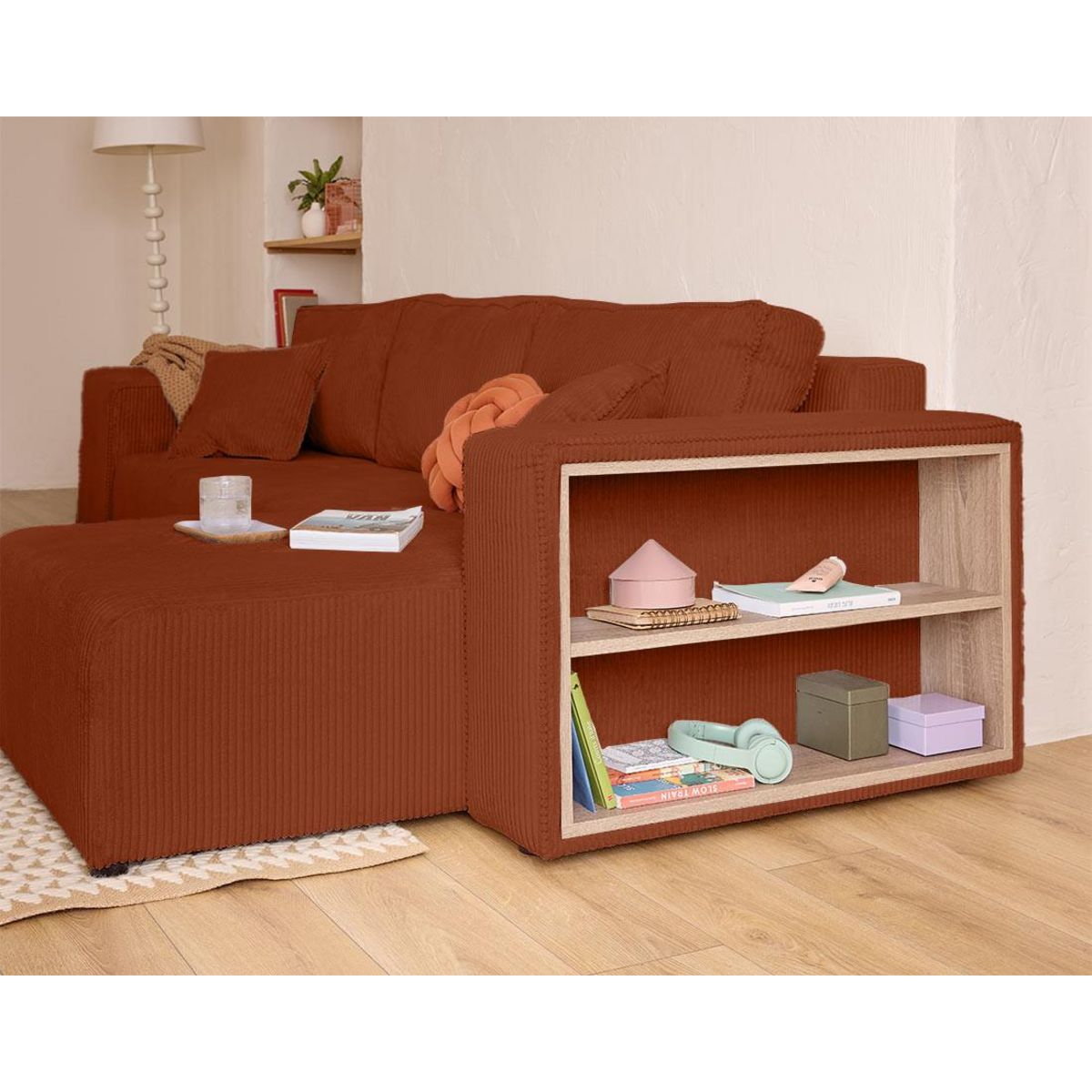 BEST MOBILIER Topaze - canapé d'angle réversible 4 places - convertible avec coffre, tablette et poufs - en velours côtelé