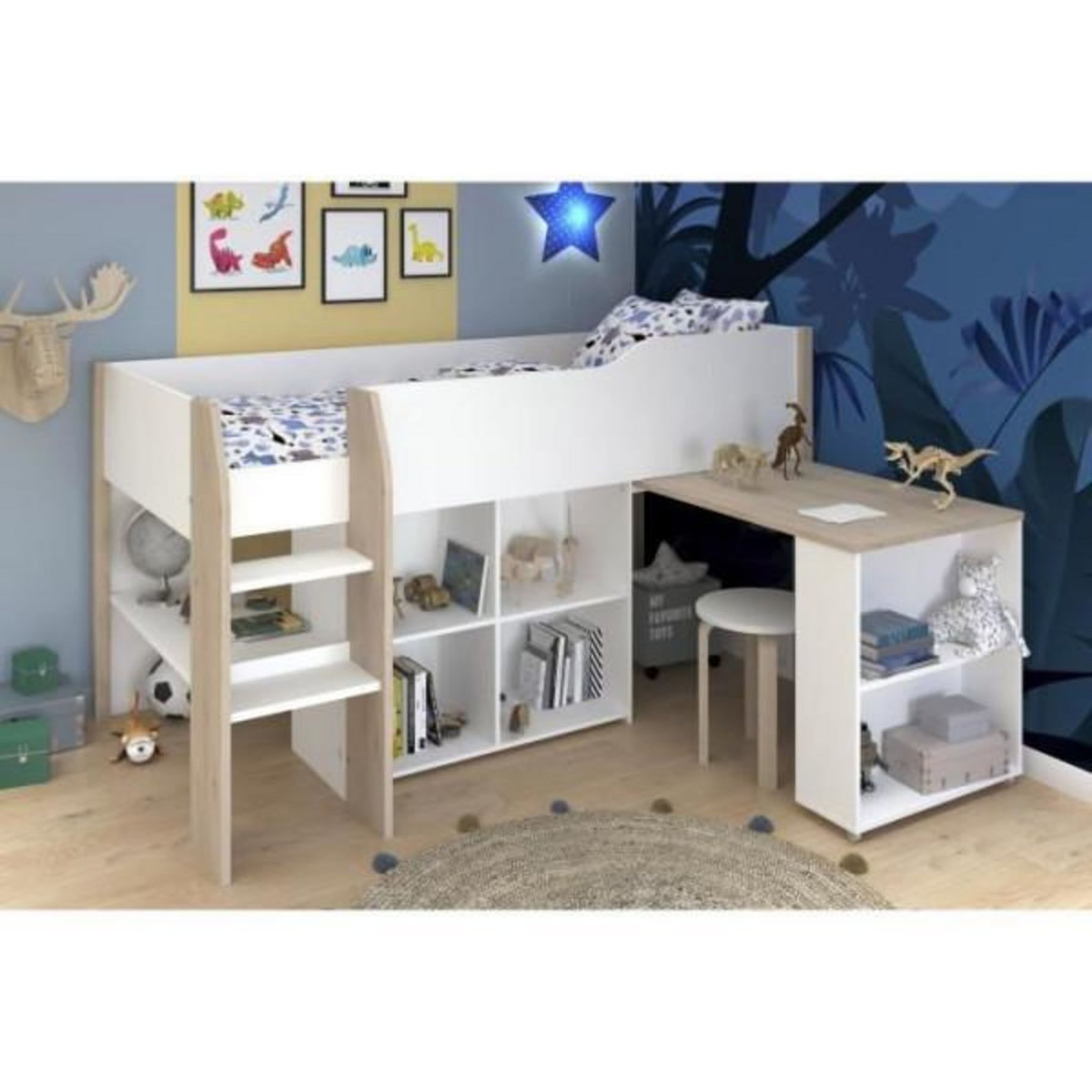 PARISOT Lit combiné enfant avec bureau rétractable - PARISOT - LIAM - Blanc et chene - Sommier inclus - 90x200 cm