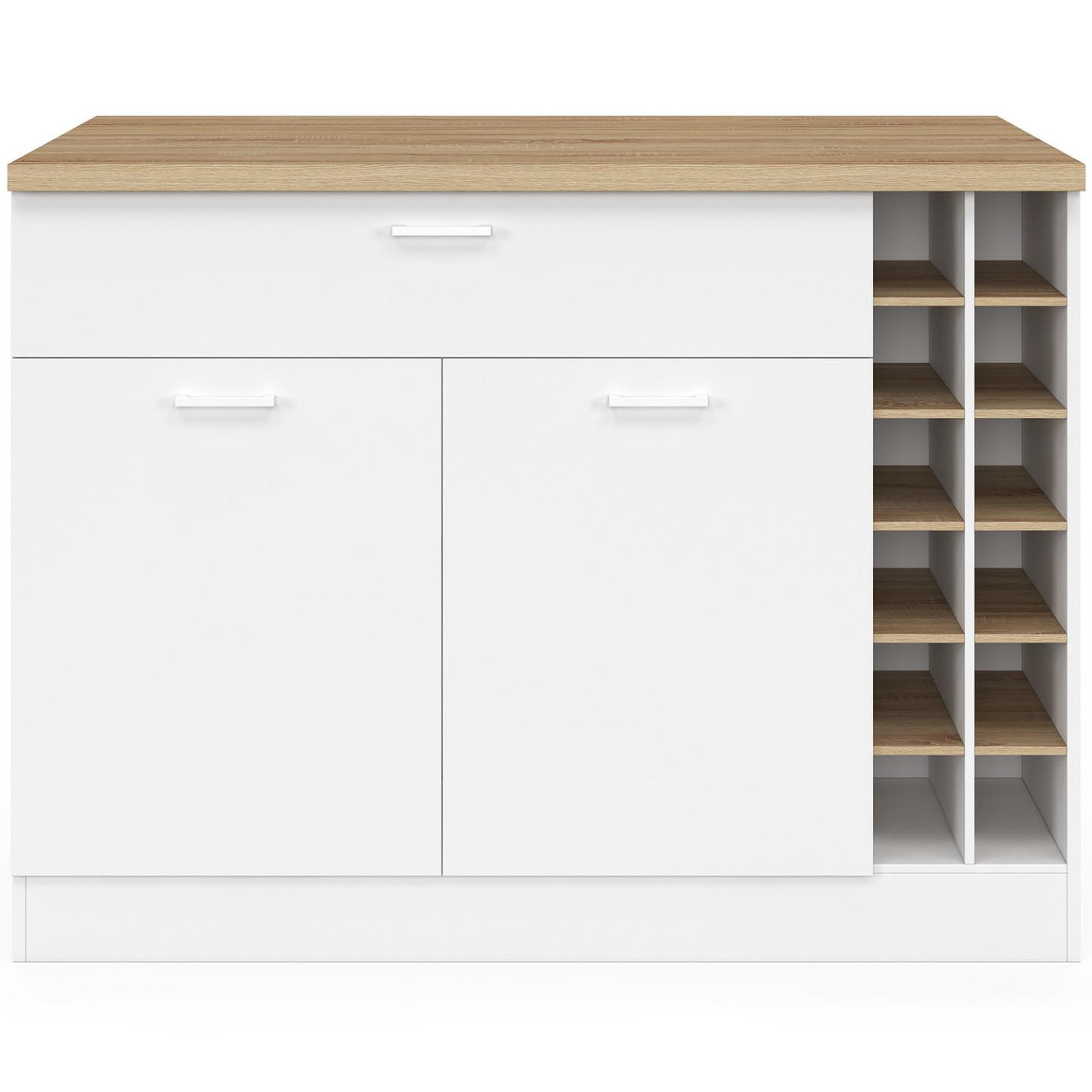 Voir la diapositive 3 : ID MARKET Ilot central george 120 cm avec range-bouteilles placard et tiroir bois blanc avec plan de travail façon hêtre