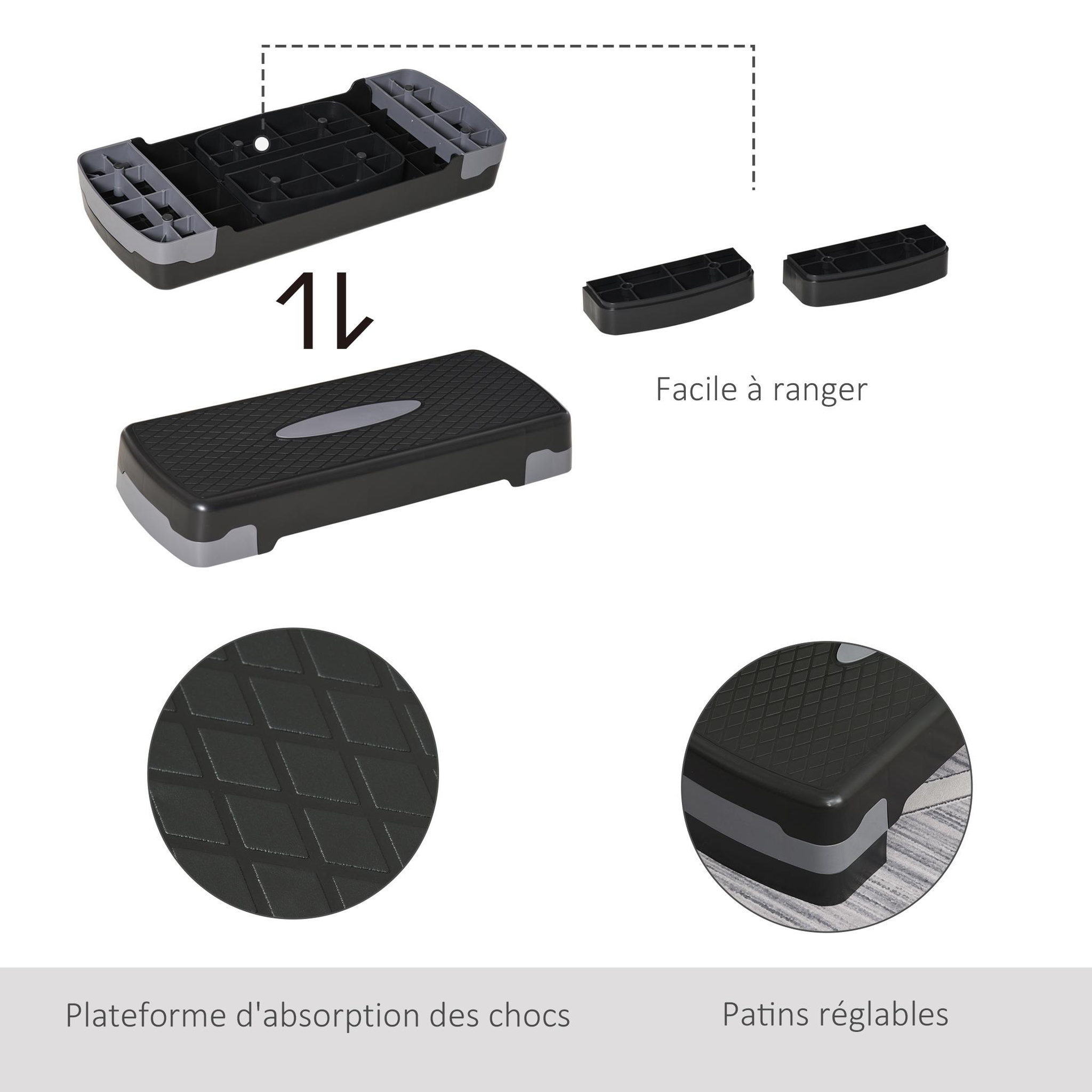 Voir la diapositive 5 : HOMCOM Stepper fitness aerobic hauteur reglable surface antiderapante dim. 68l x 29l x 10-15h cm plastique gris noir