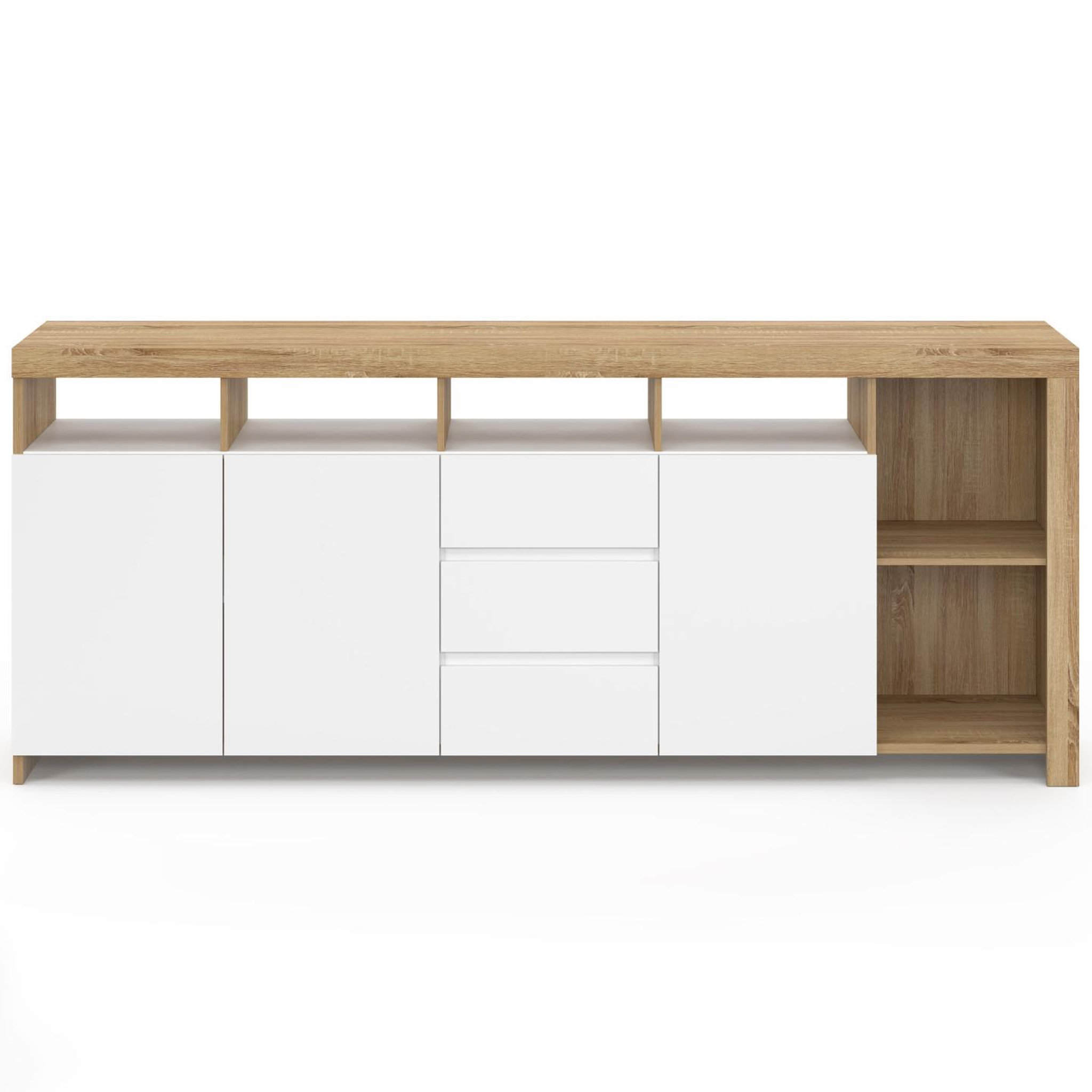 Voir la diapositive 3 : ID MARKET Buffet 180 cm MALO bois façon hêtre 3 portes et 3 tiroirs blancs