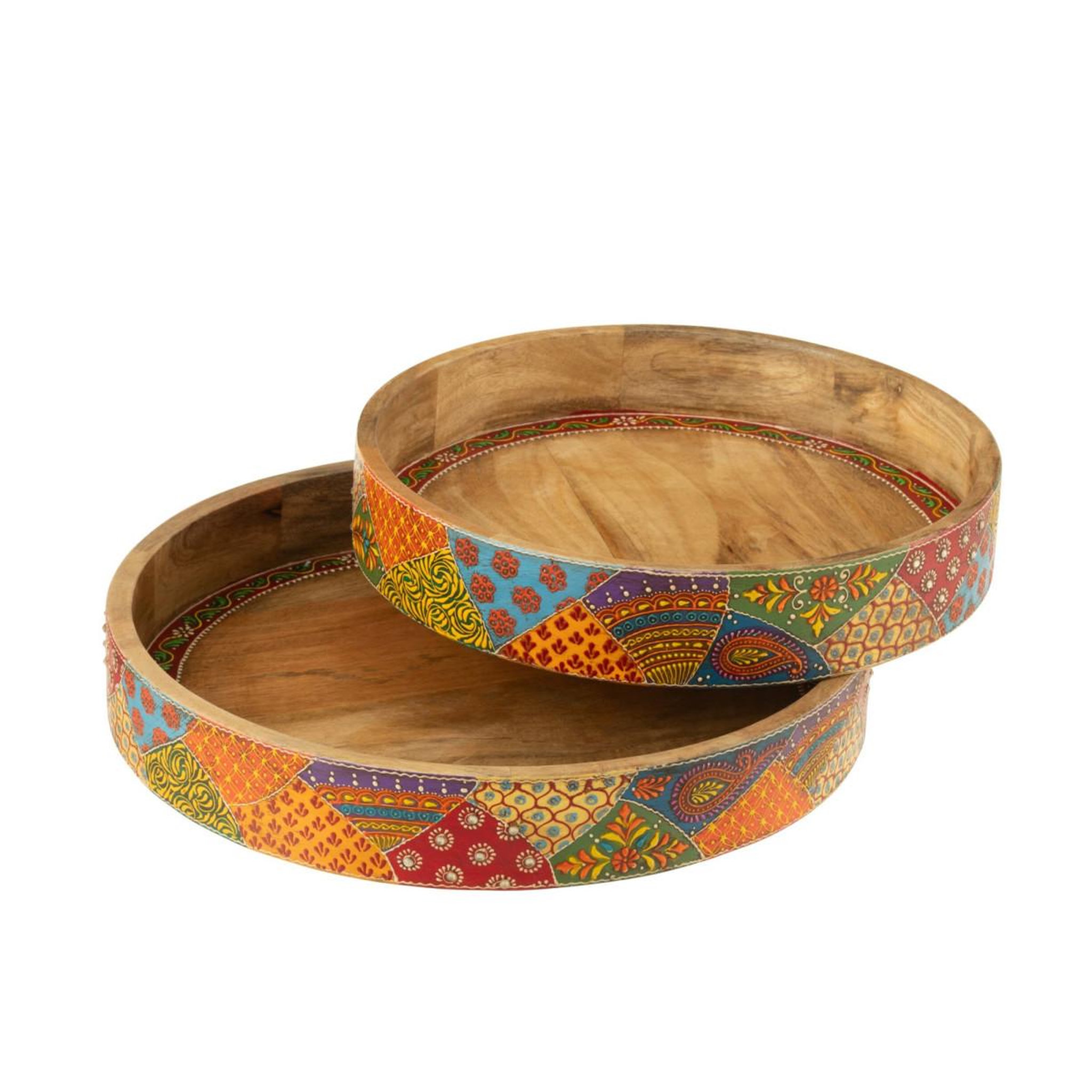 Voir la diapositive 3 : J-LINE Lot de 2 plateaux déco en bois  delhi  40cm multicolore