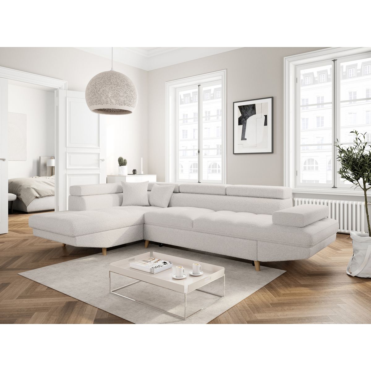 Canapé d'angle convertible 5places tissu bouclette blanc MARIUS 