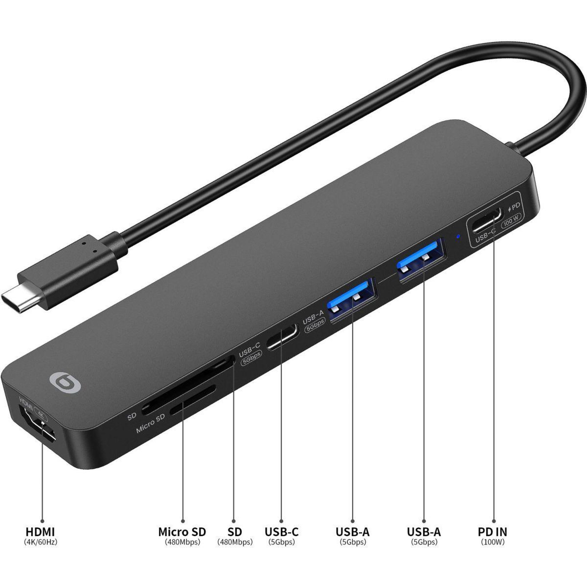 Voir la diapositive 4 : ESSENTIEL B Hub 7 en 1 usb c noir
