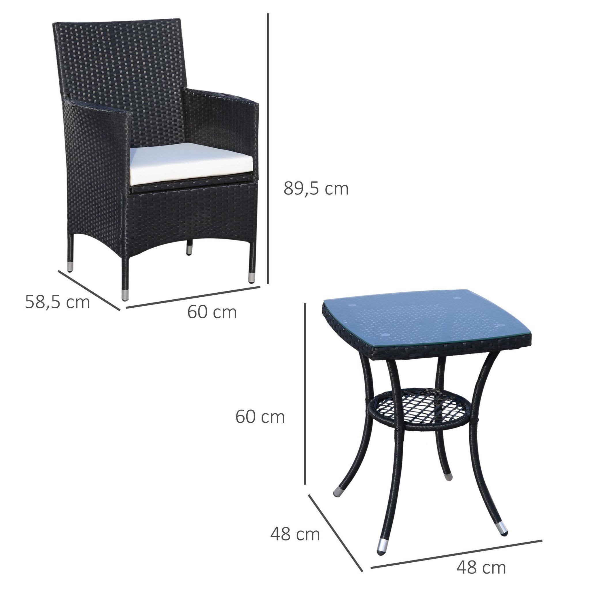 Voir la diapositive 3 : OUTSUNNY Ensemble salon de jardin 2 places : 2 fauteuils et table basse plateau verre trempé résine tressée 4 fils imitation rotin avec coussins noir