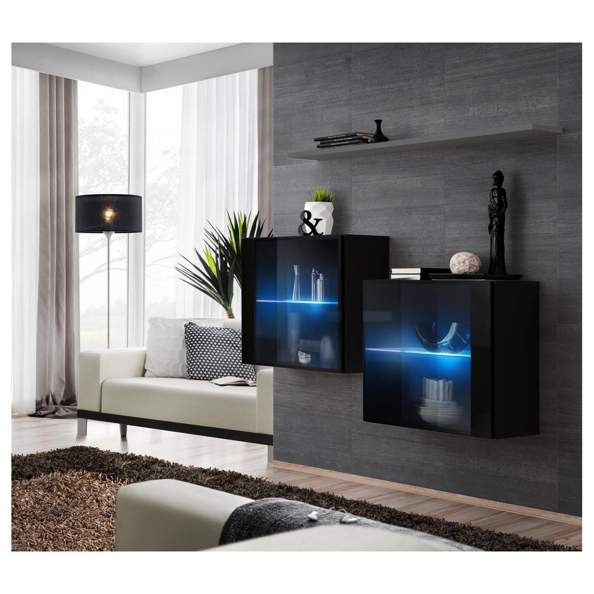 Voir la diapositive 1 : Paris Prix Lot de 2 vitrines murales & étagère  switch sbiii  130cm noir & gris
