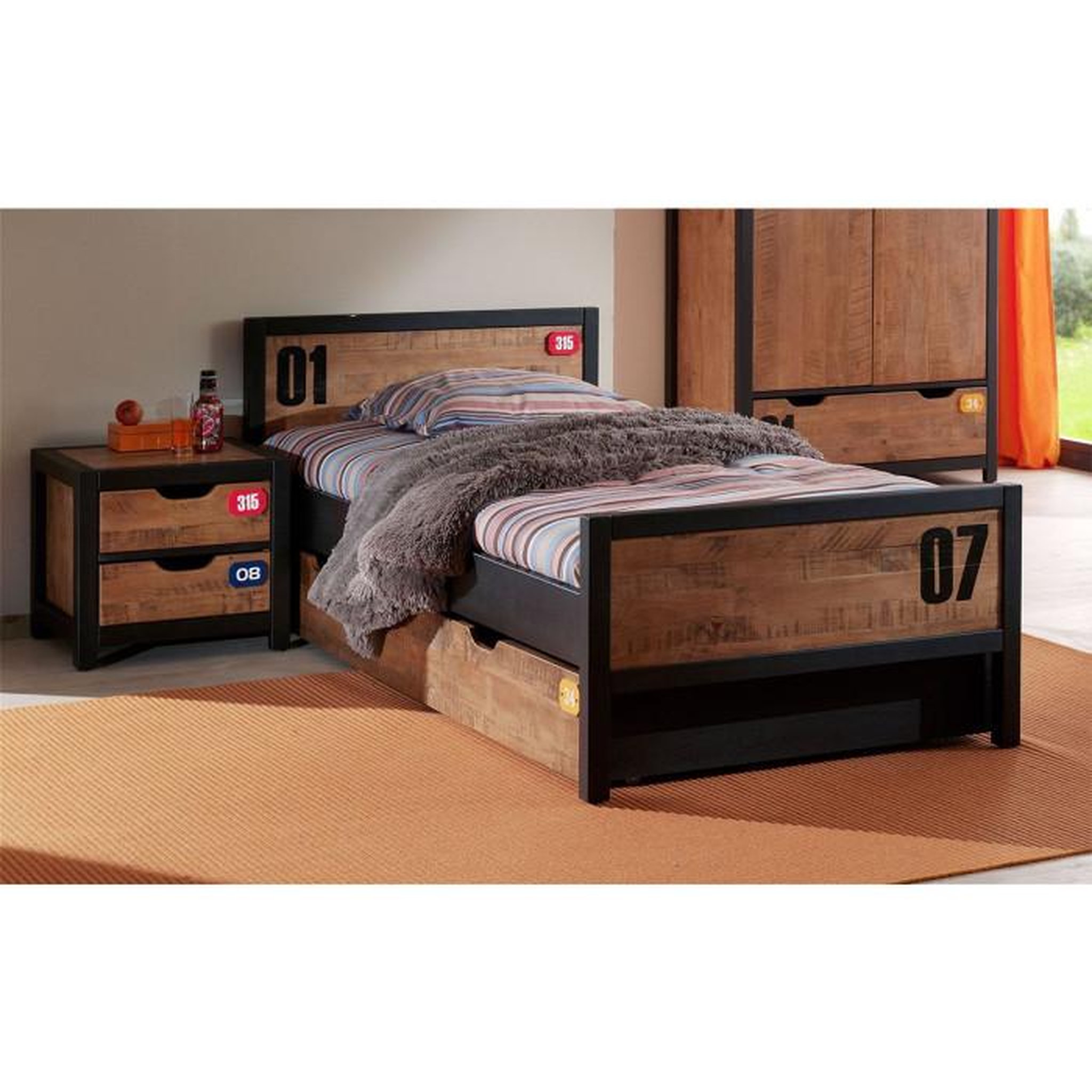 Paris Prix Pack - Lit Enfant, Sommier, Tiroir & Chevet  Alex  90x200cm Marron & Noir