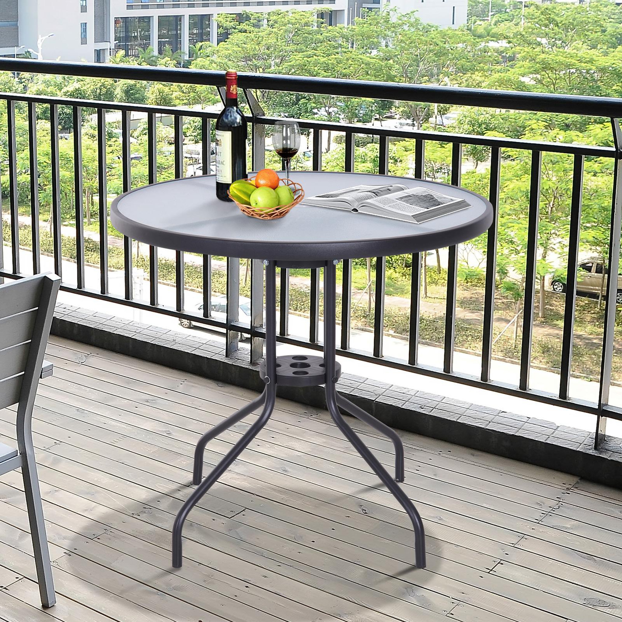 Voir la diapositive 2 : OUTSUNNY Table ronde bistro de jardin dim. Ø 80 x 72H cm espace installation parasol acier époxy noir plateau verre trempé