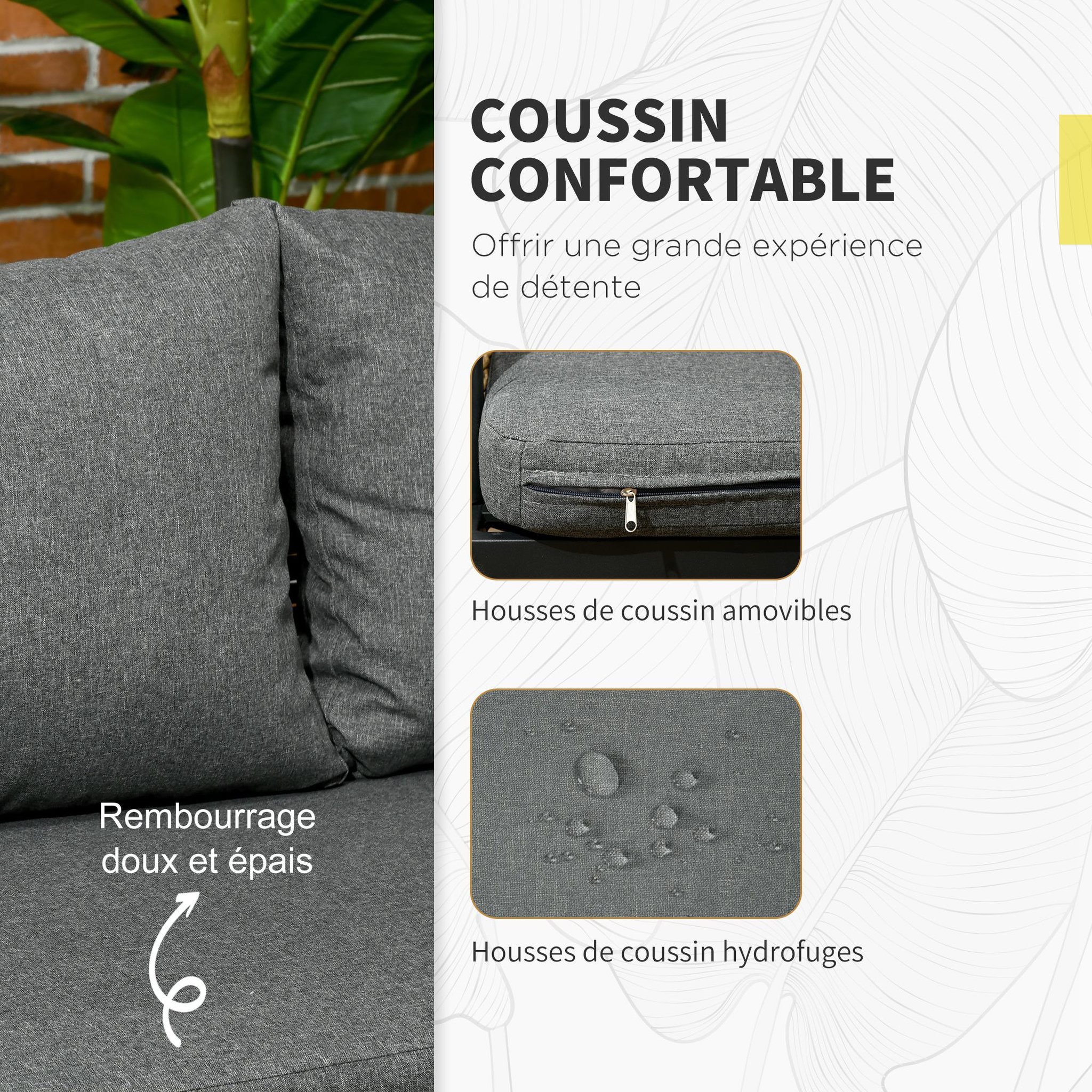 Voir la diapositive 5 : OUTSUNNY Ensemble salon de jardin d'angle style colonial 6 places 5 pièces coussins gris alu. noir résine tressée aspect rotin