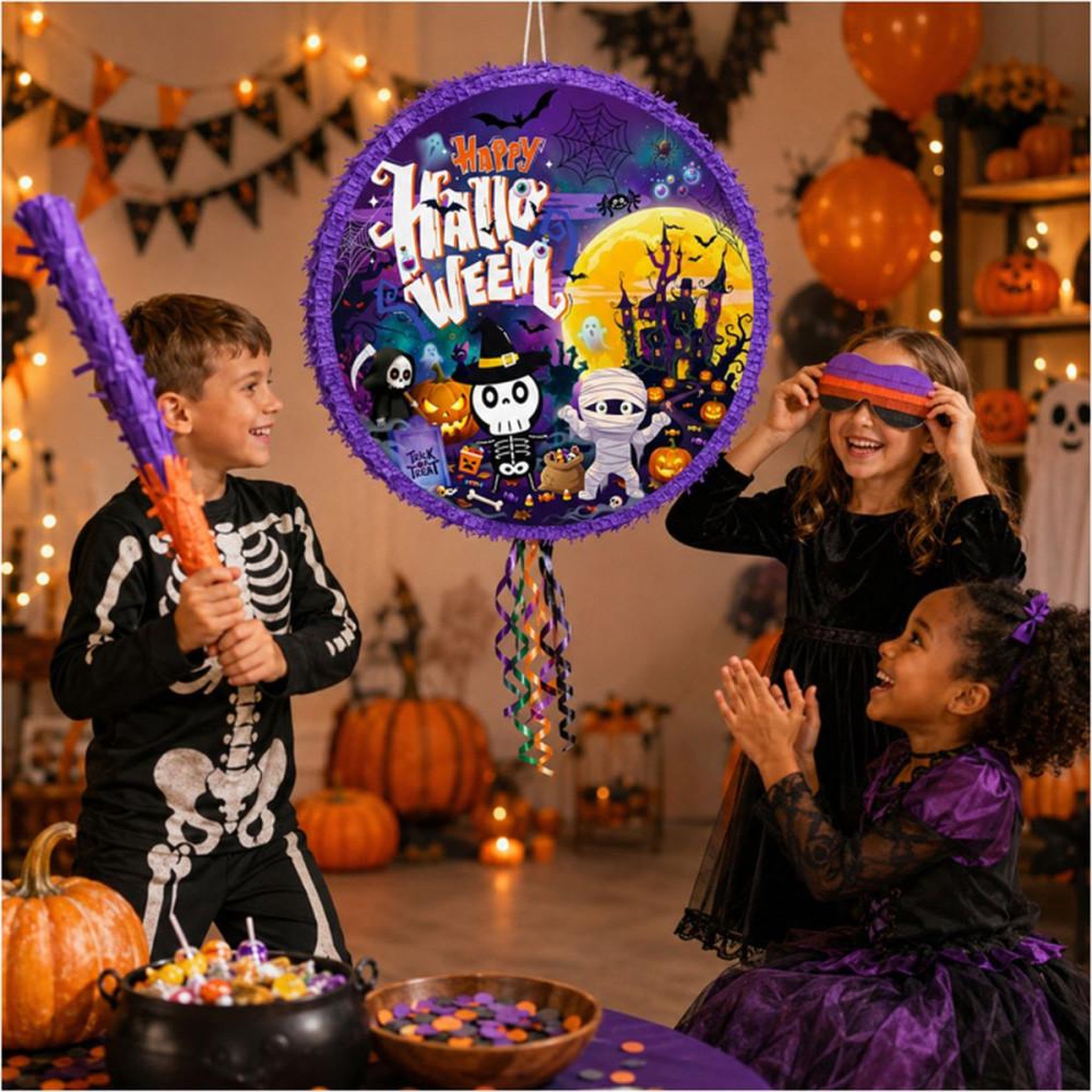 Voir la diapositive 5 : Coffret de 4 piñatas rondes Halloween 43 cm thème Happy Halloween décorations et accessoires