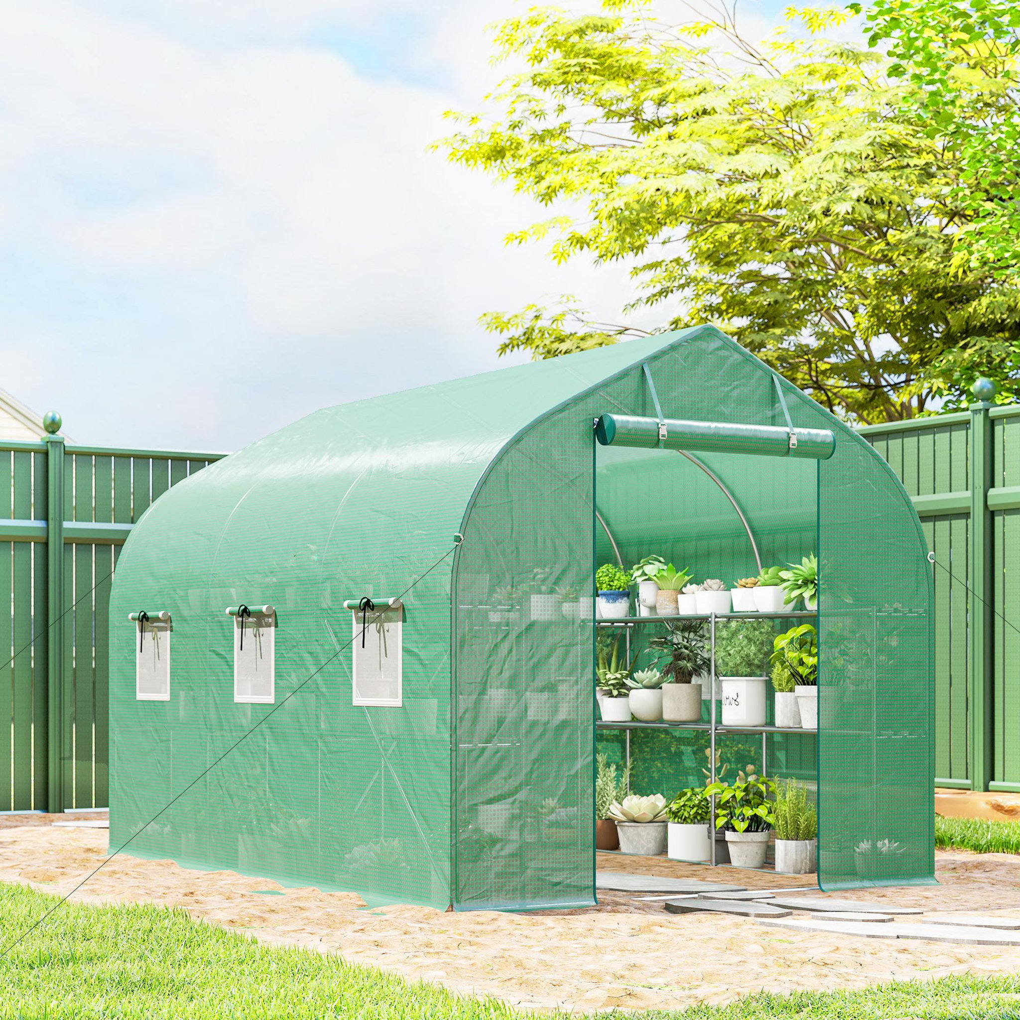 Voir la diapositive 2 : OUTSUNNY Serre tunnel de jardin étagères 6 fenêtres bâche pe acier vert