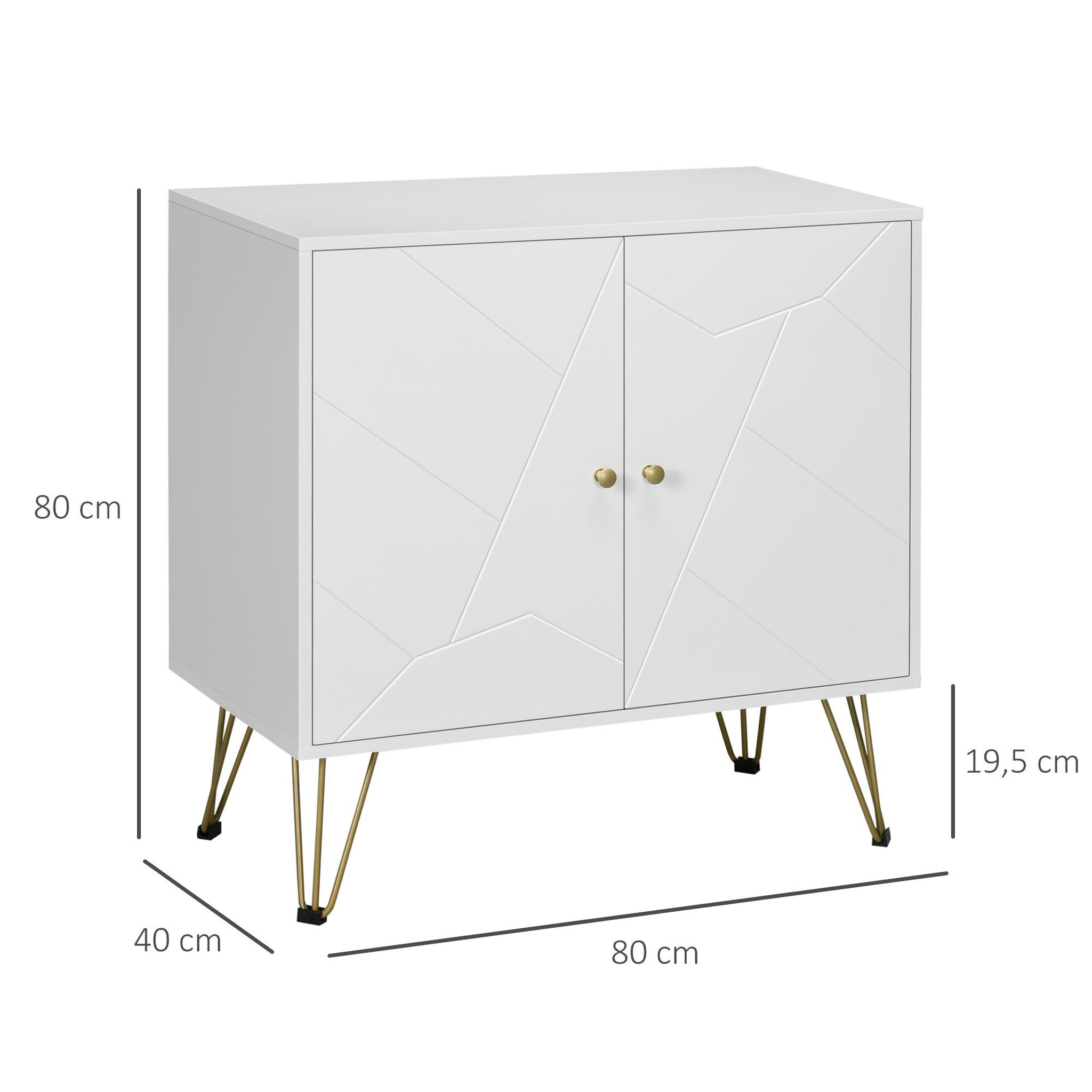Voir la diapositive 3 : HOMCOM Buffet 2 portes 2 étagères style Art déco motif graphique piètement épingle poignées métal doré MDF blanc