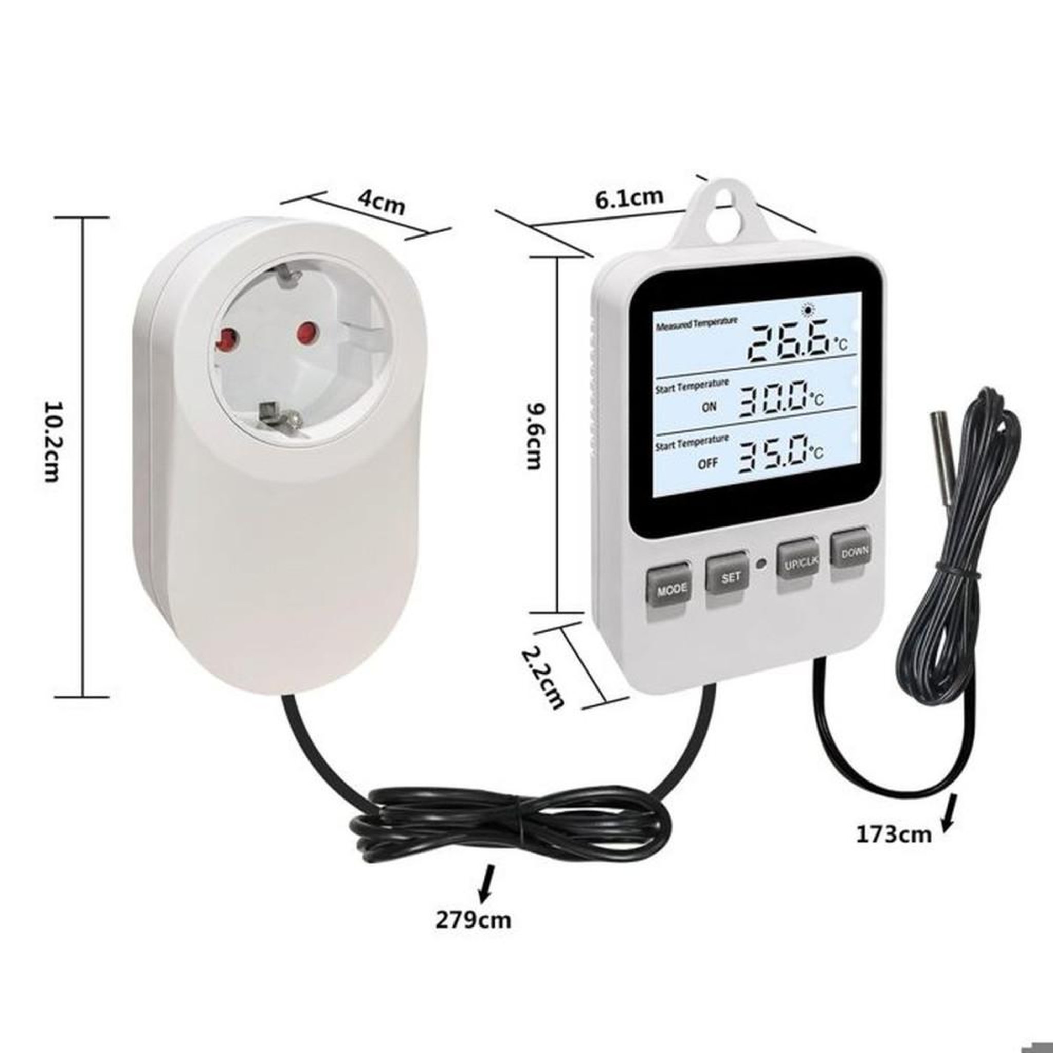 Voir la diapositive 2 : Thermostat d'ambiance numérique à écran LCD rétroéclairé avec sonde à câble 2,79 m et prise secteur EU