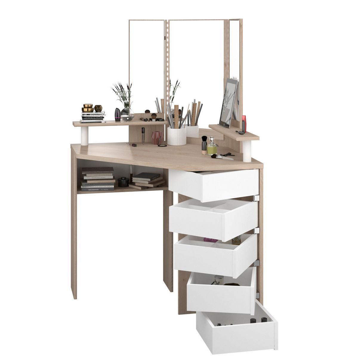 Coiffeuse d'angle 3 miroirs 5 tiroirs pivotants GIRLY