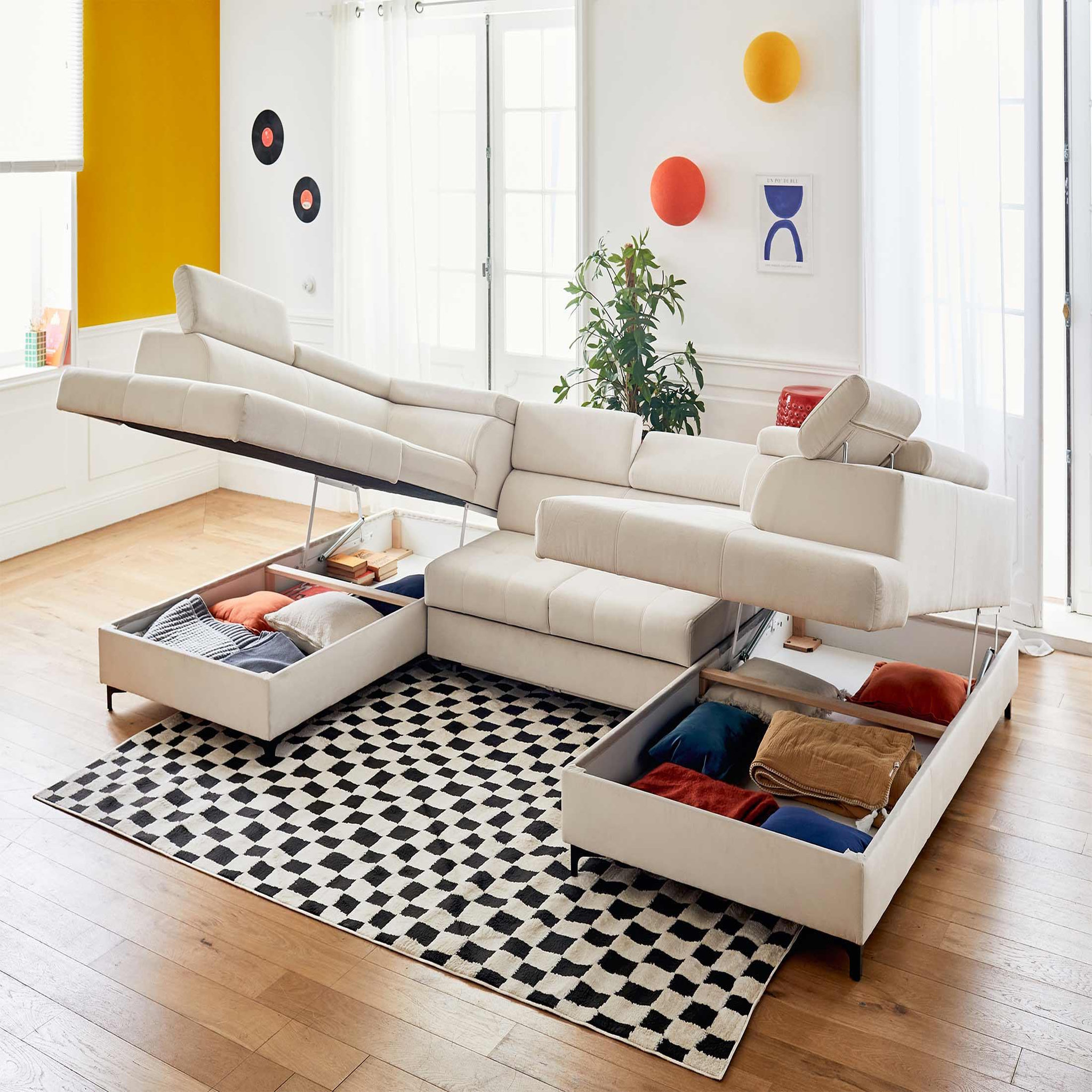 Voir la diapositive 2 : LISA DESIGN Merida - canapé panoramique en u - 7 places - convertible avec coffres et têtières réglables - en velours