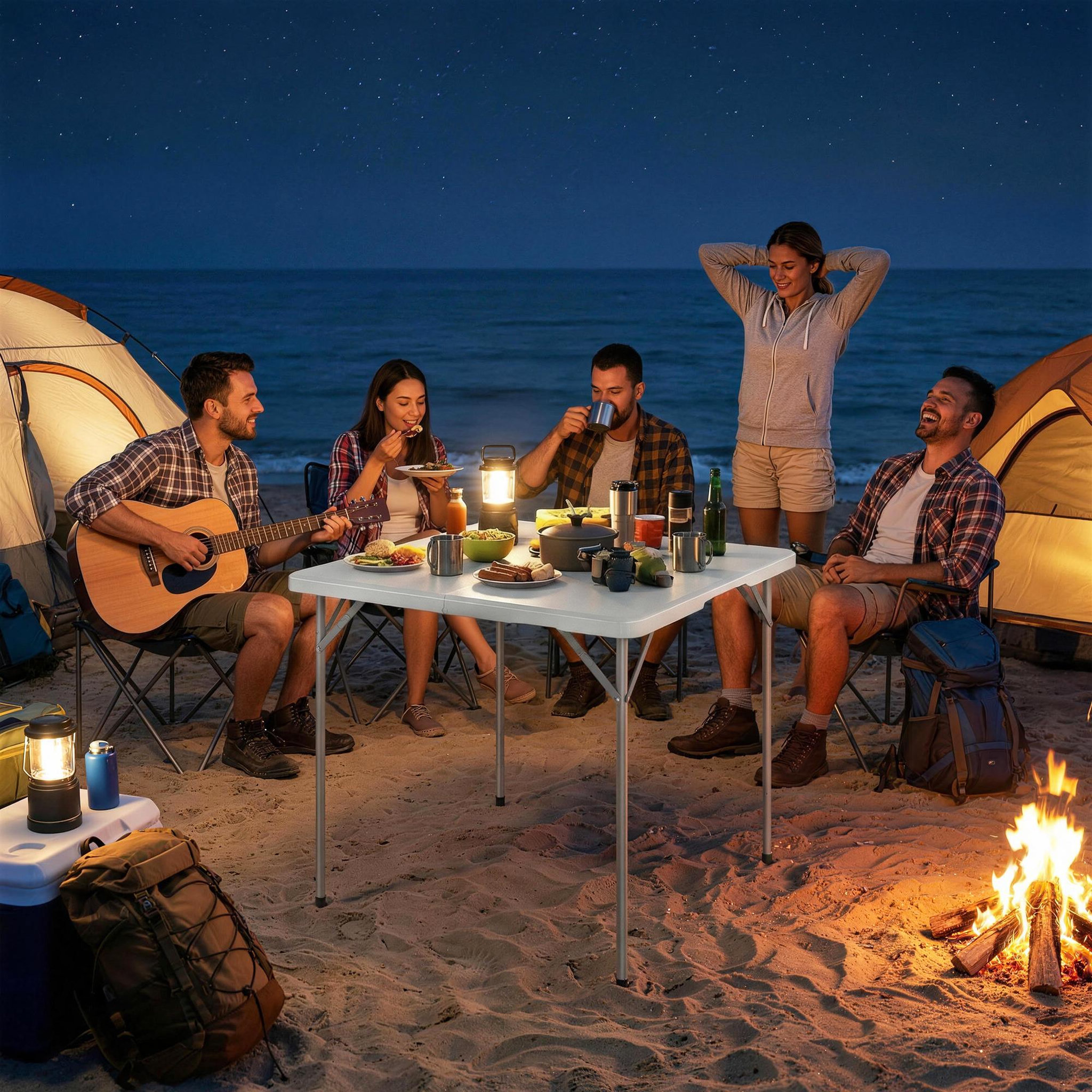Voir la diapositive 4 : OUTSUNNY Table de camping carrée pliante hauteur réglable métal HDPE blanc