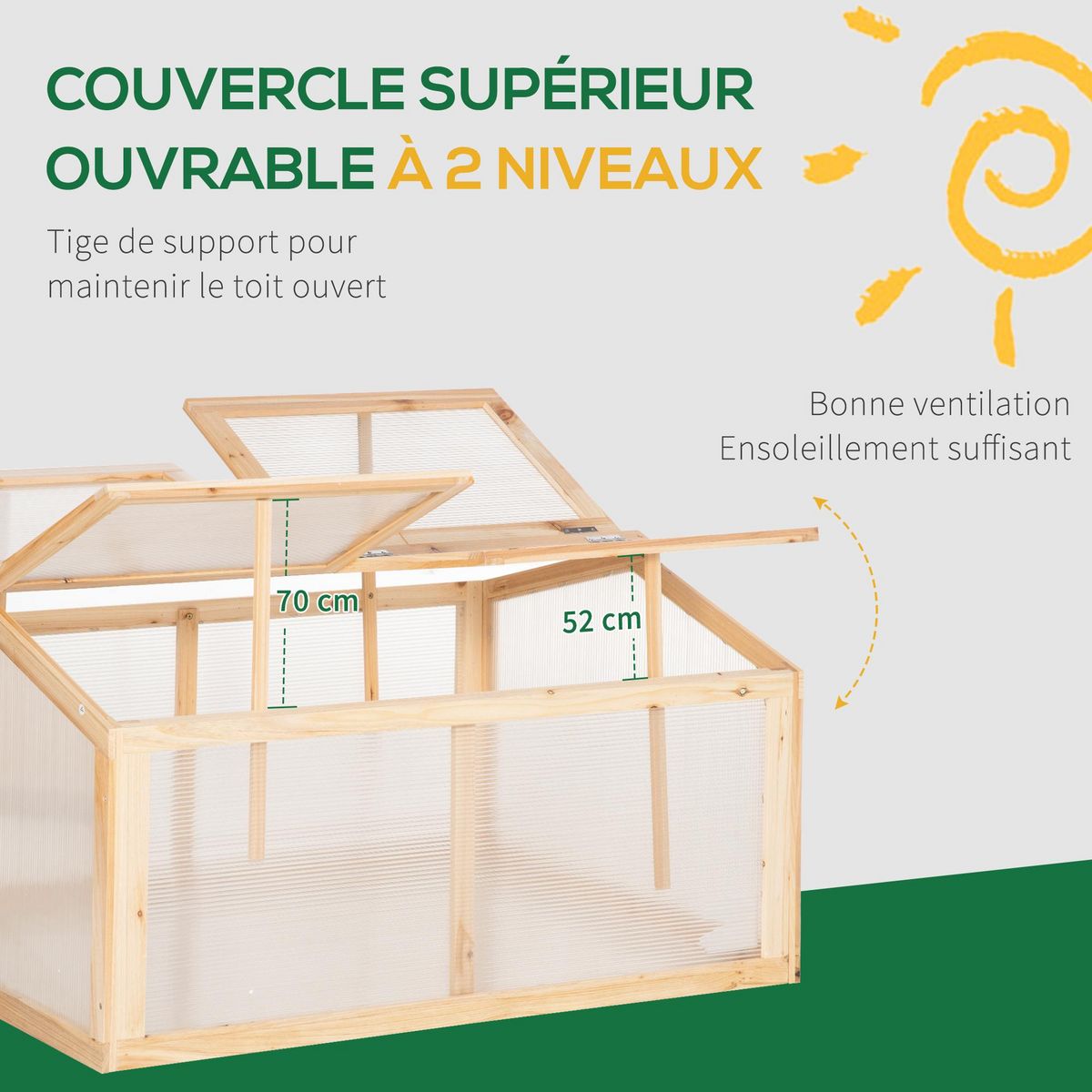 OUTSUNNY Mini serre de jardin serre à tomates dim. 102L x 71l x 53H cm double toit ouvrable 2 niveaux panneaux polycarbonate bois sapin pré-huilé