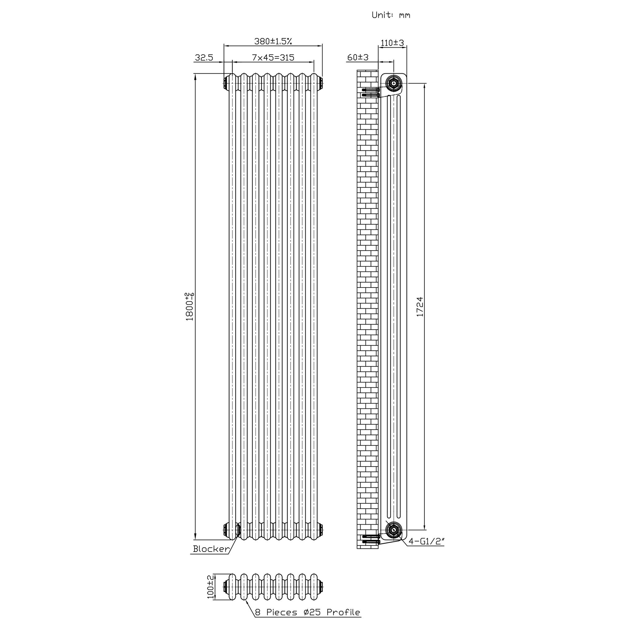 Voir la diapositive 5 : MONSTERSHOP Radiateur traditionnel à 3 colonnes & vannes - 1800 x 380 mm - métal brut