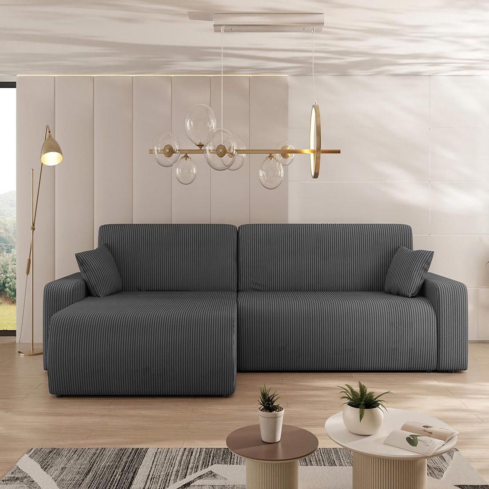 Voir la diapositive 3 : BEST MOBILIER Artemisa - canapé d'angle réversible 5 places convertible avec coffre en velours côtelé