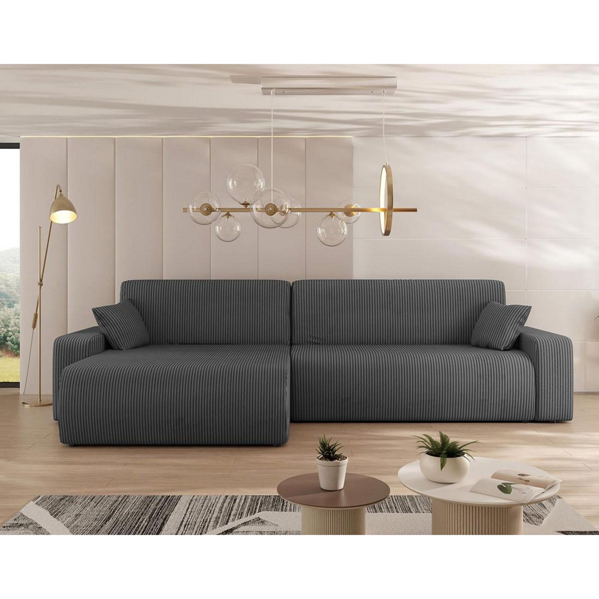 BEST MOBILIER Artemisa - canapé d'angle réversible 5 places convertible avec coffre en velours côtelé