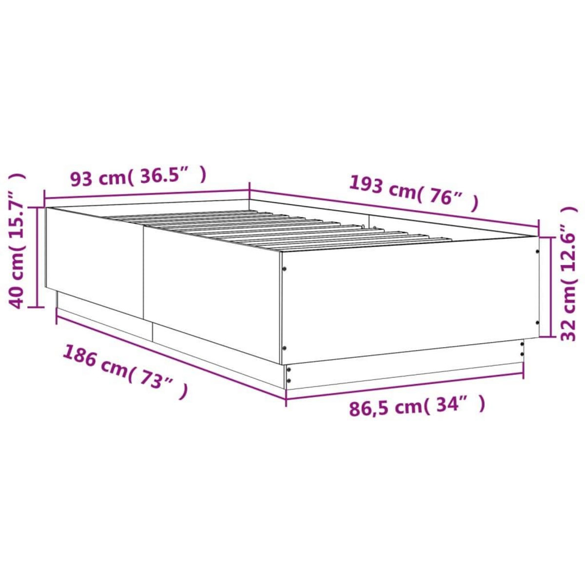 VIDAXL Cadre de lit avec LED sans matelas gris beton 90x190 cm