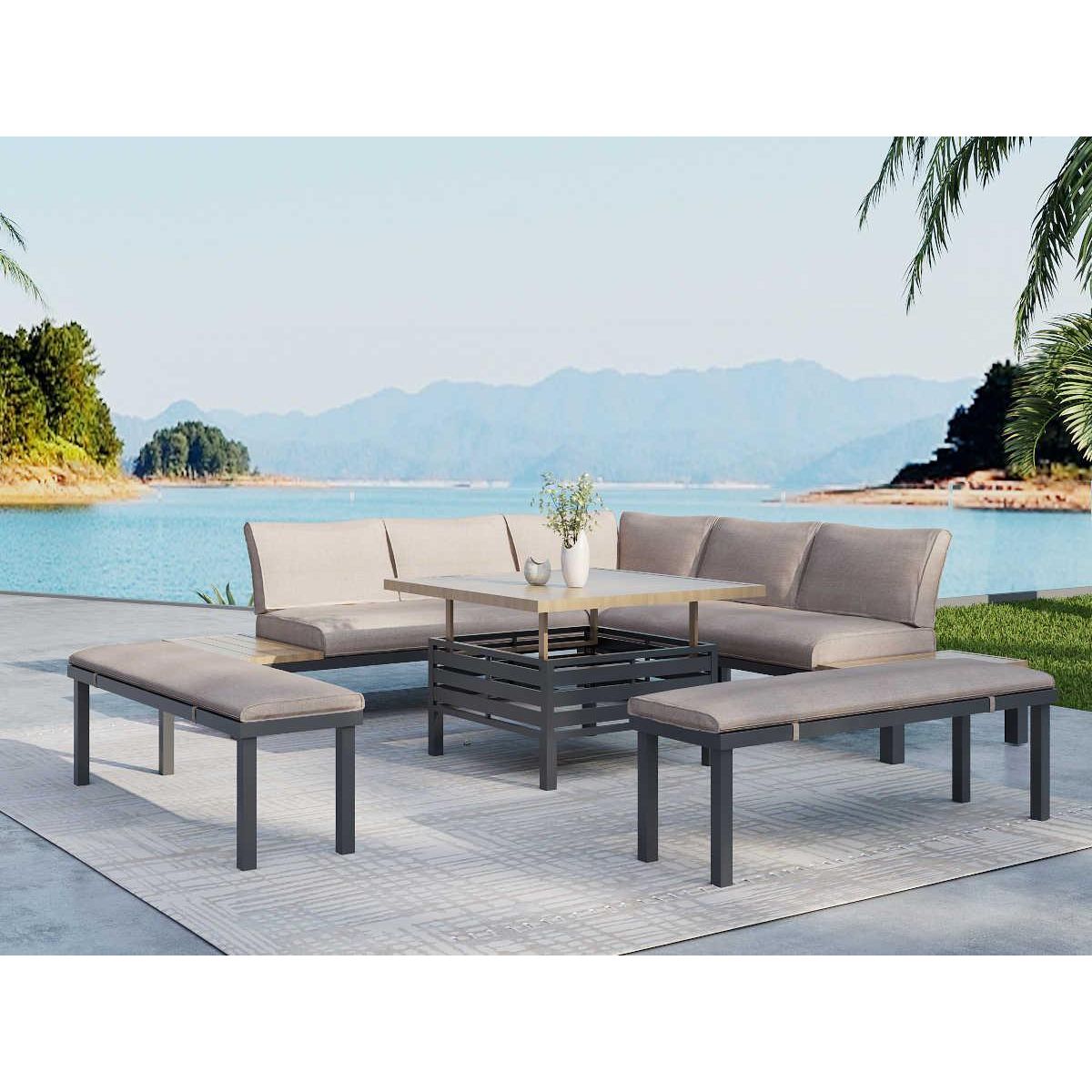JARDIDECO Salon de jardin Lanza Taupe en aluminium - 7 places - Jardideco