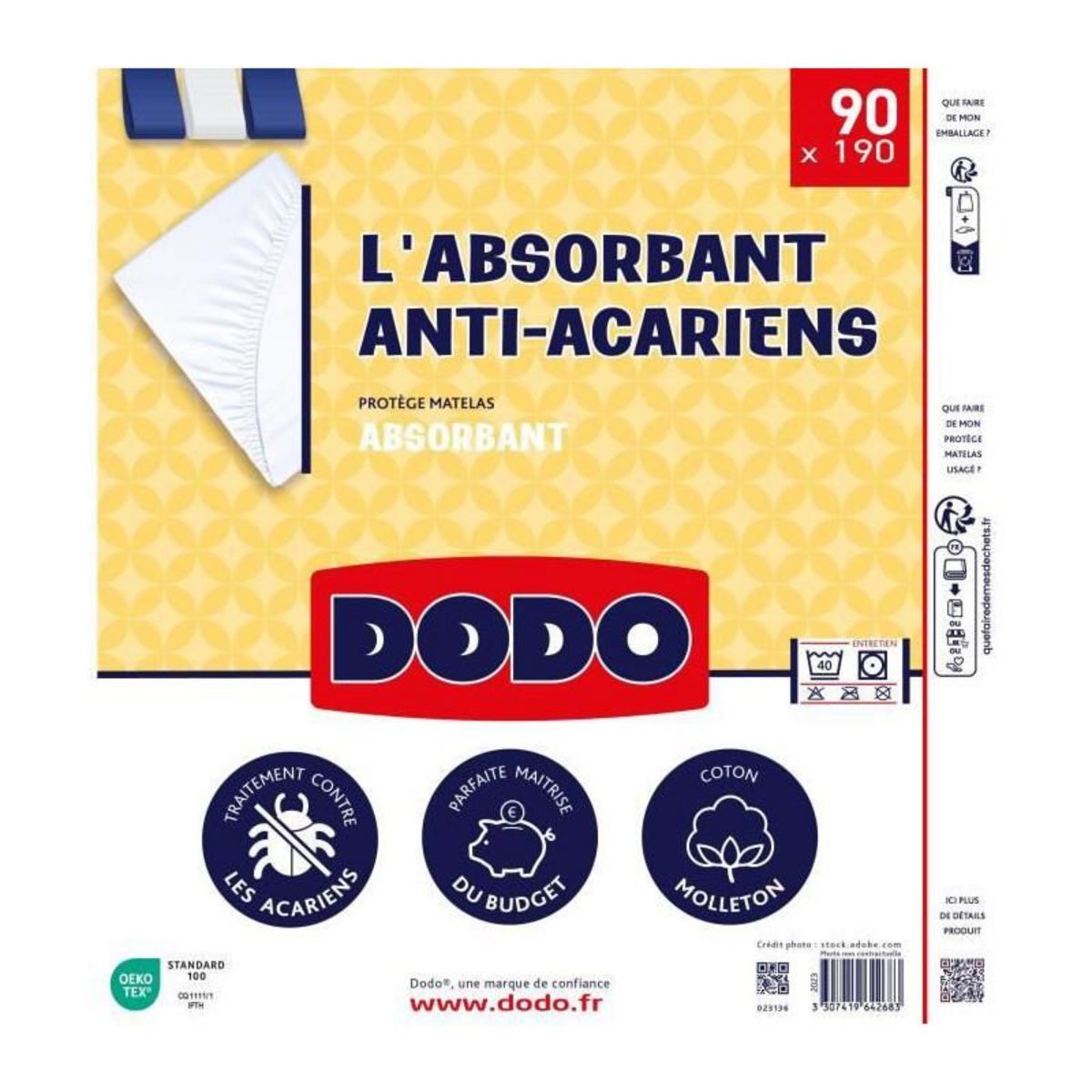 DODO Protege matelas absorbant - 90x190 cm - Coton - Anti acariens