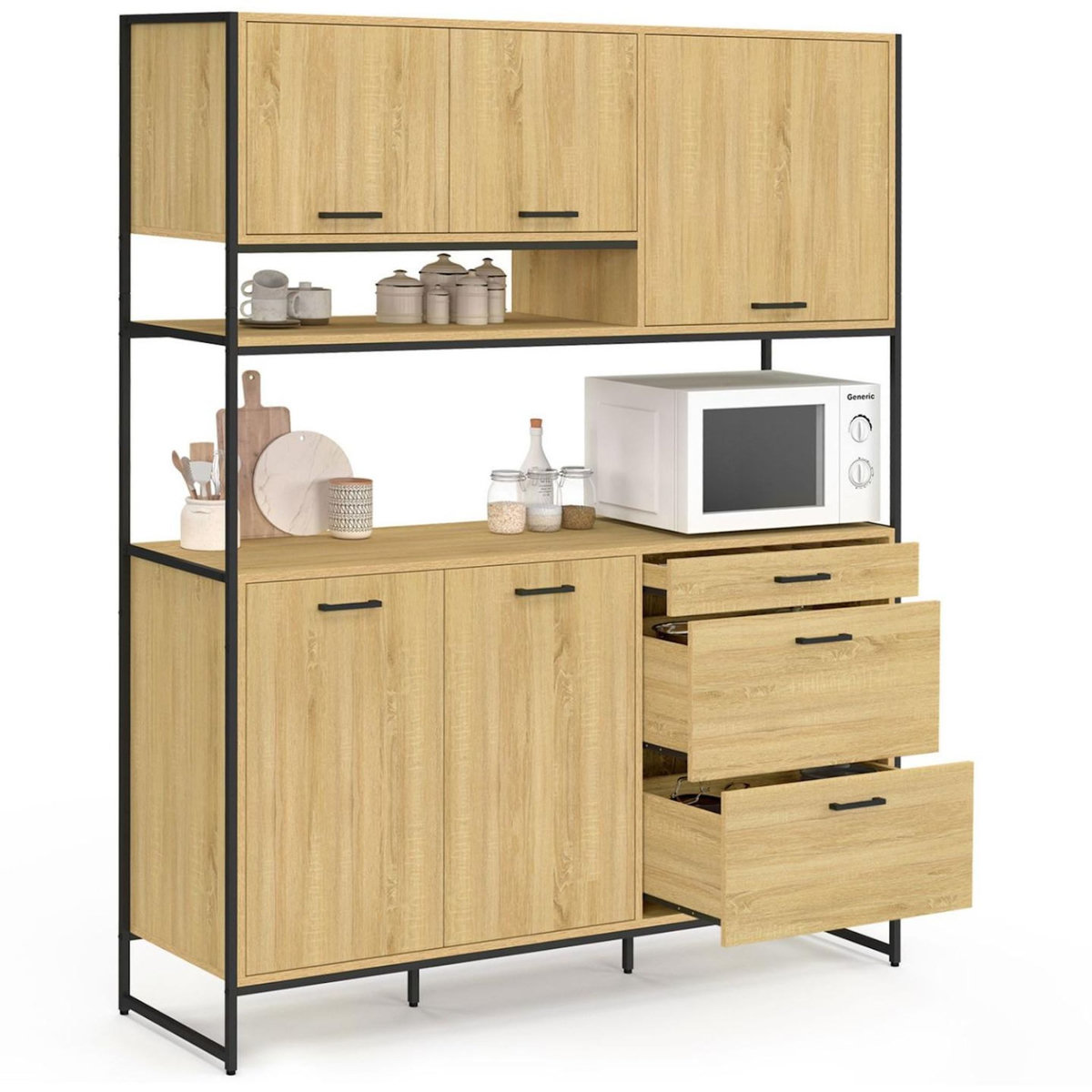 ID MARKET Buffet casserolier de cuisine 140 cm DETROIT 5 portes + 3 tiroirs design industriel