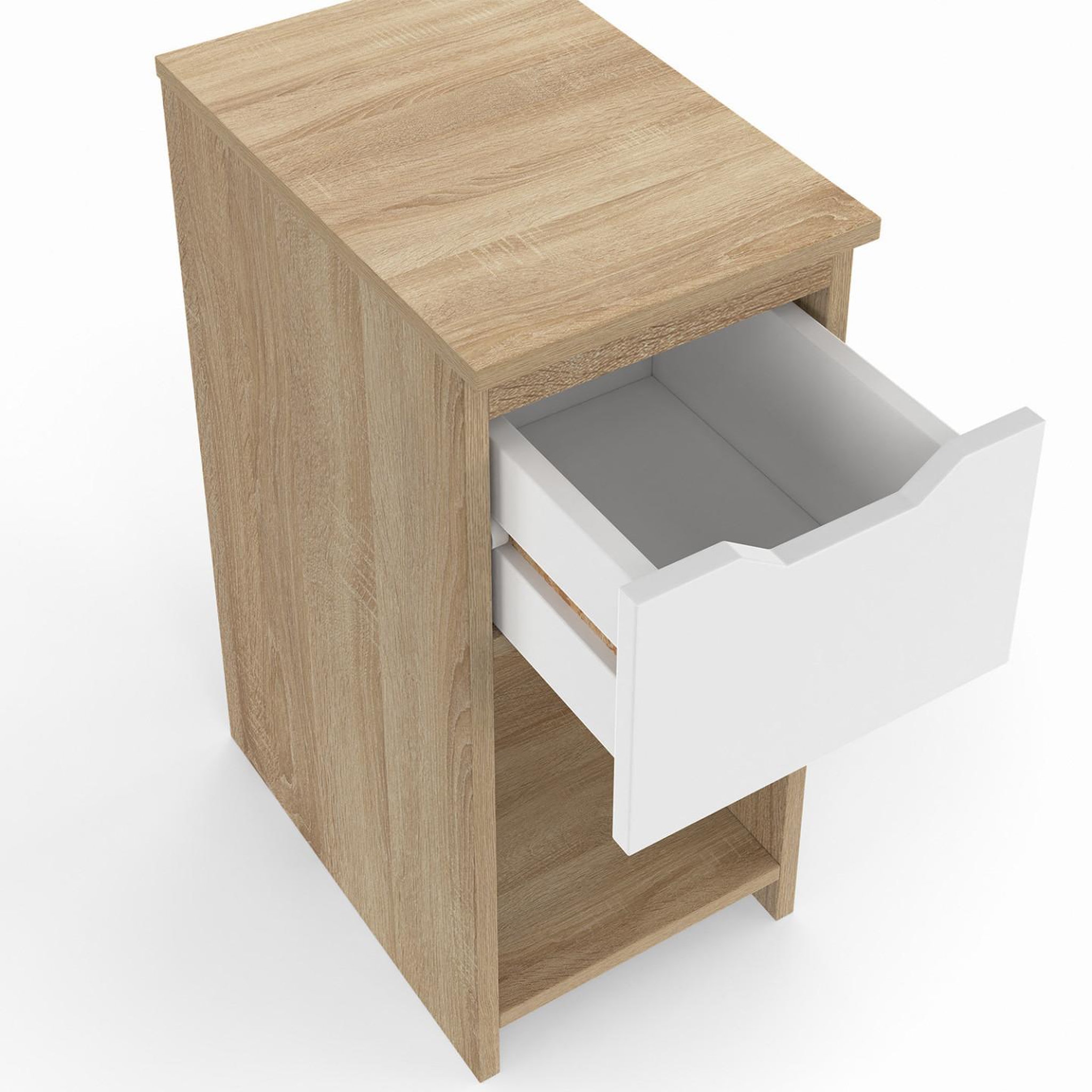 Voir la diapositive 5 : ID MARKET Lot de 2 tables de chevet étroites ANOUK 1 tiroir avec niche bois façon hêtre et blanc