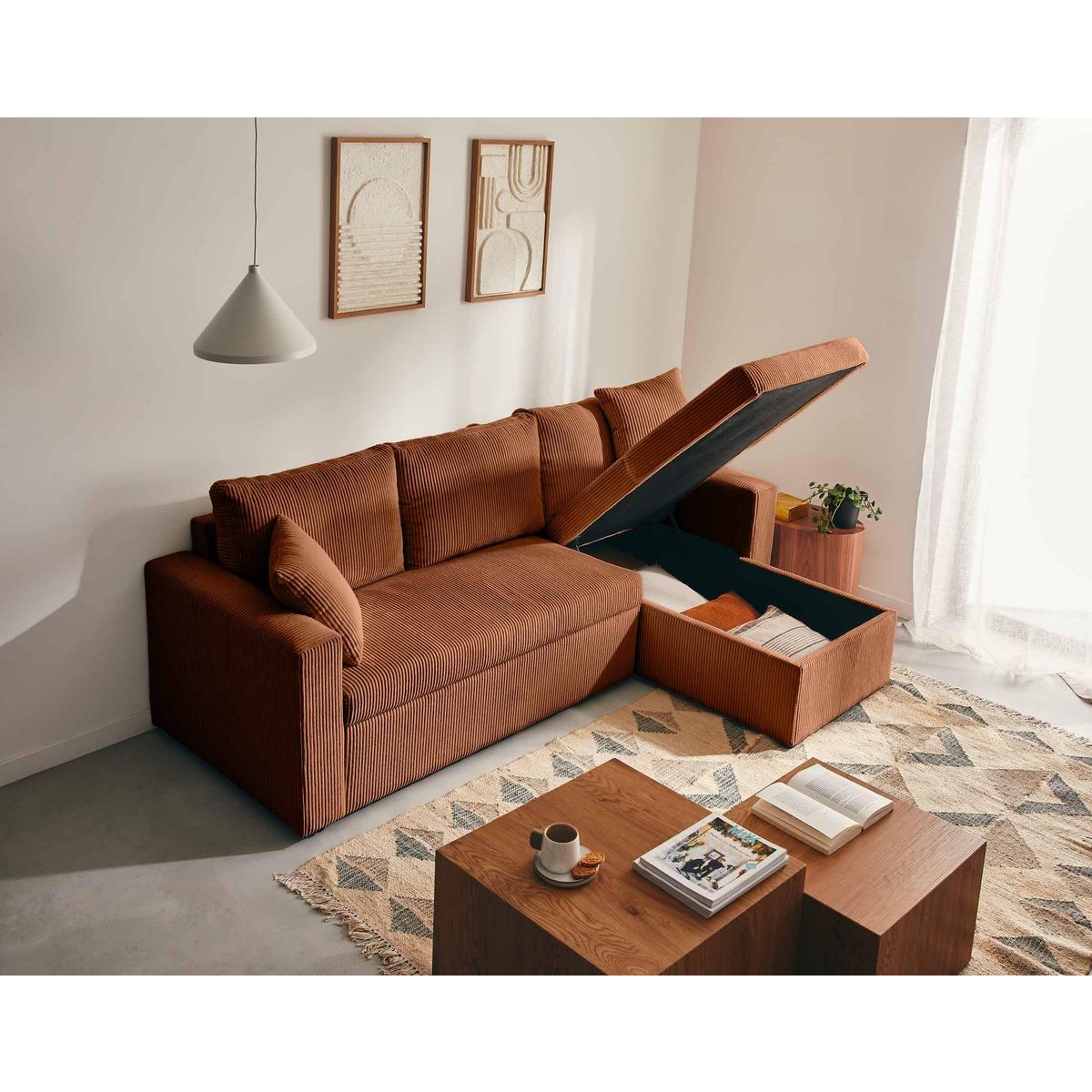 BEST MOBILIER Cyrus - canapé d'angle réversible 4 places - convertible avec coffre - en velours côtelé