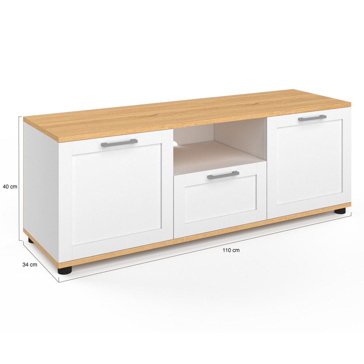 ID MARKET Meuble TV 110 cm VITO avec tiroir et niche blanc et bois