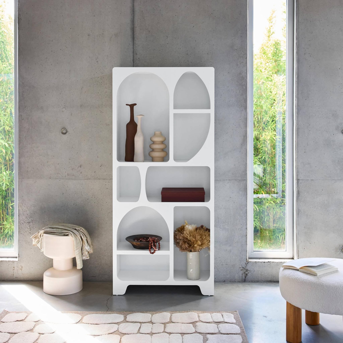 SWEEEK Etagère bibliothèque organique effet bois blanc plusieurs niches 8 compartiments