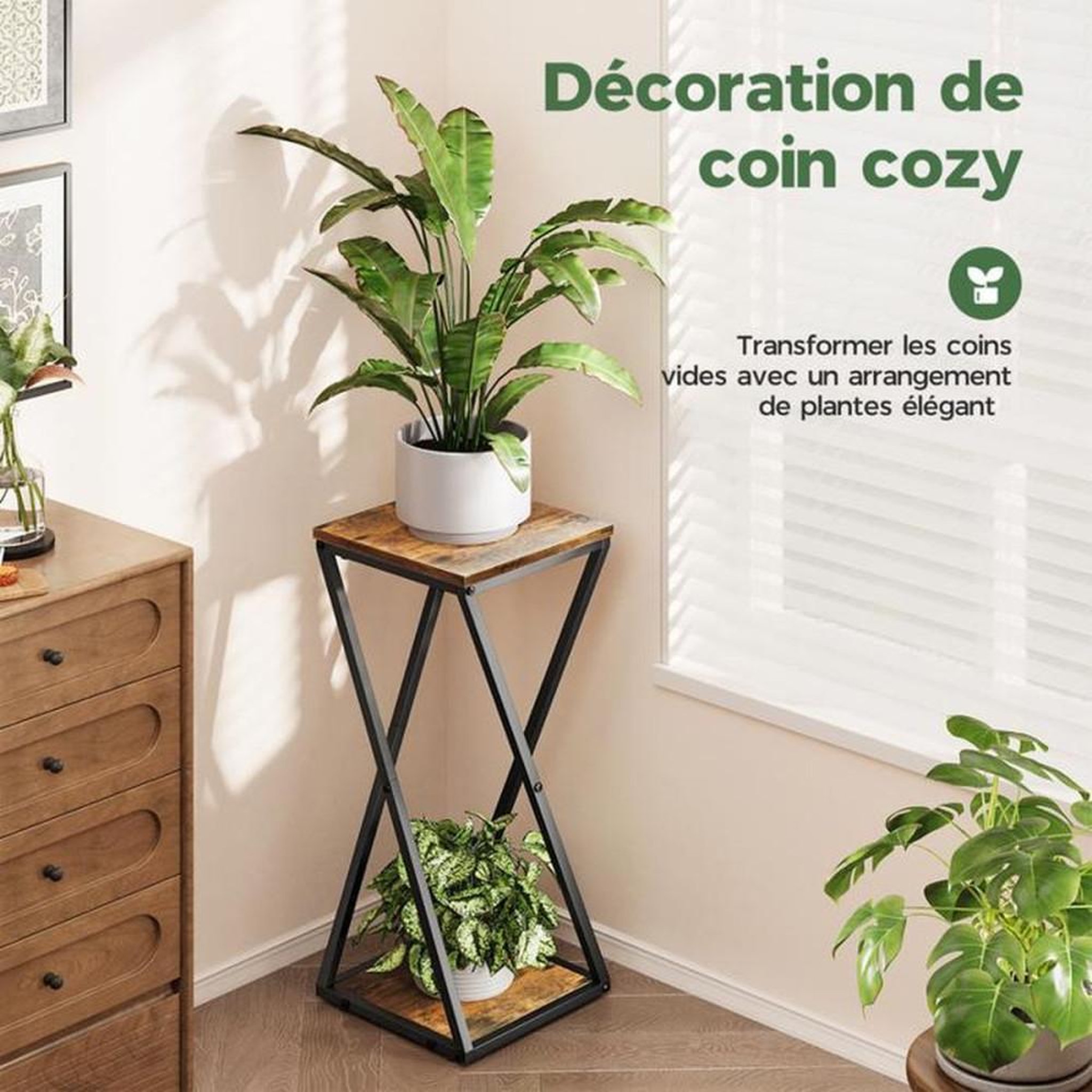 Voir la diapositive 6 : Présentoir d'angle à 2 niveaux pour plantes BAMWORLD brun 26 x 26 x 63 cm