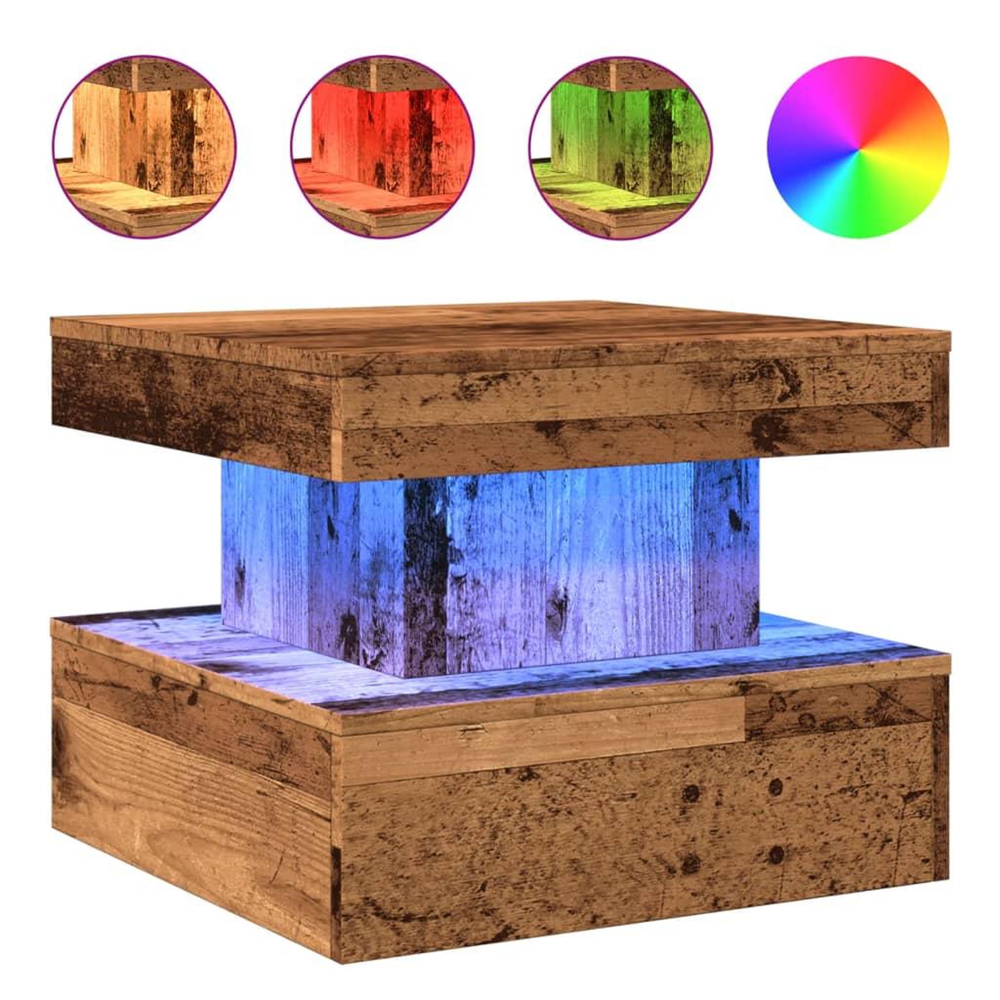 Voir la diapositive 2 : VIDAXL Table basse avec lumieres LED vieux bois 50x50x40 cm