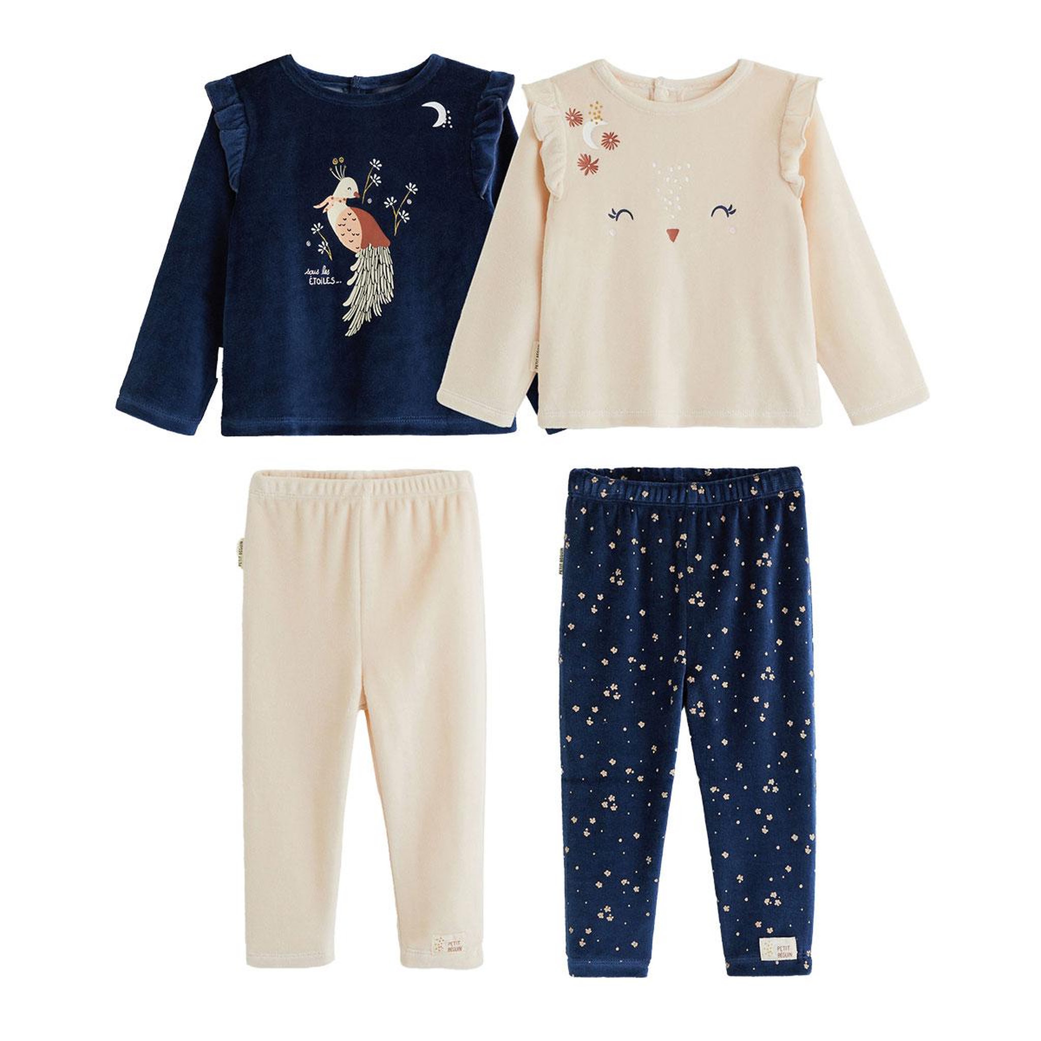 PETIT BEGUIN Lot de 2 pyjamas enfant 2 pièces en velours ollie. Coloris disponibles : Bleu