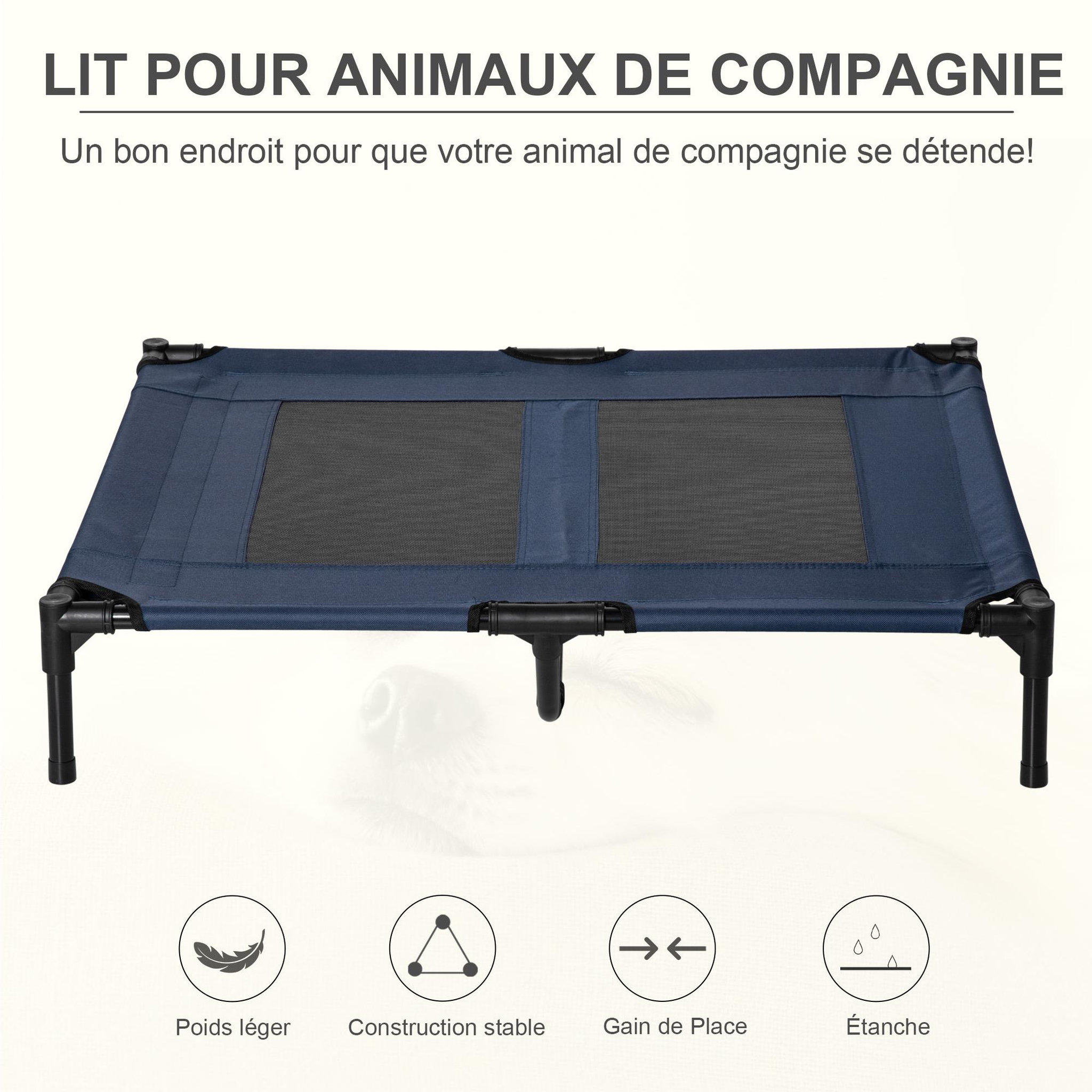 Voir la diapositive 4 : PAWHUT Lit sur pieds pour chien chat lit de camp animal lit surélevé oxford textilène micro-perforé dim. 92l x 76l x 18h cm bleu